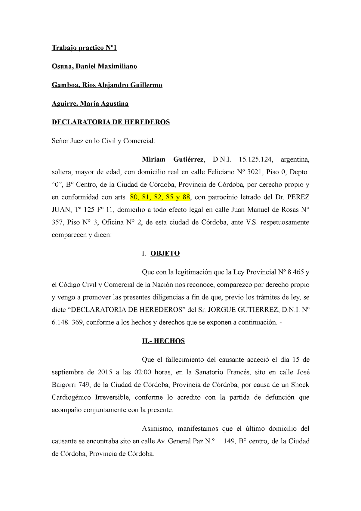 TP1 - Declaratoria DE Herederos G27 - Trabajo Practico Nº Osuna, Daniel ...