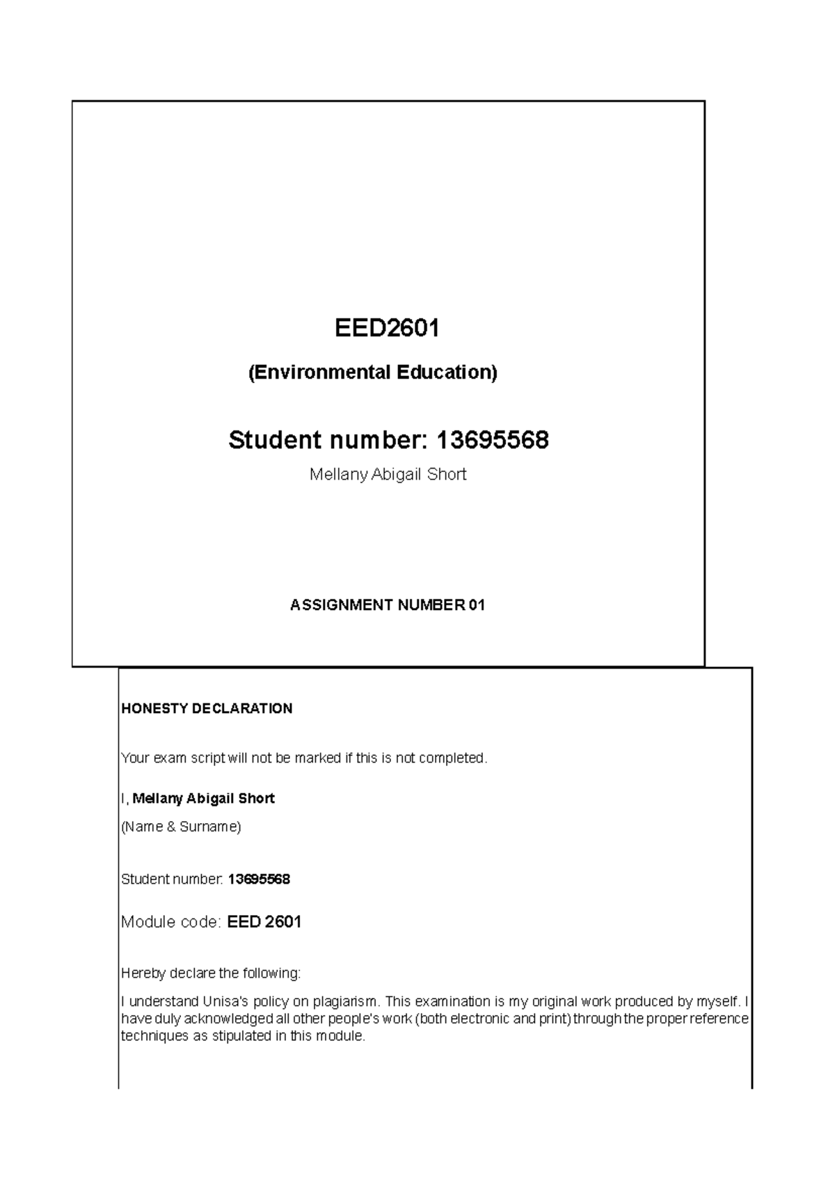 EED2601 Assignment 01 student 13695569 - EED (Environmental Education ...