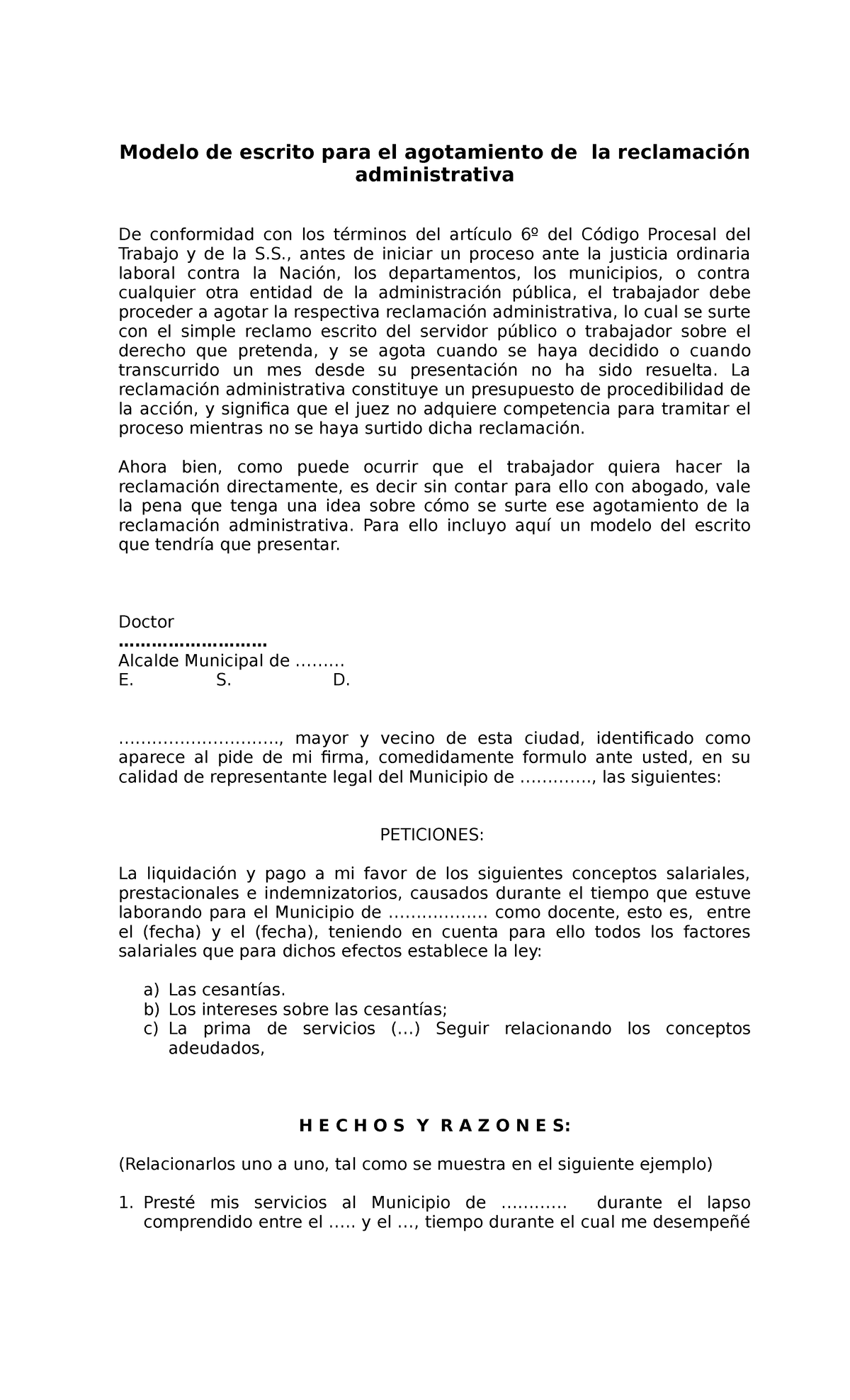 Modelo agotamiento reclamacion administrativa - Modelo de escrito para el  agotamiento de la - Studocu