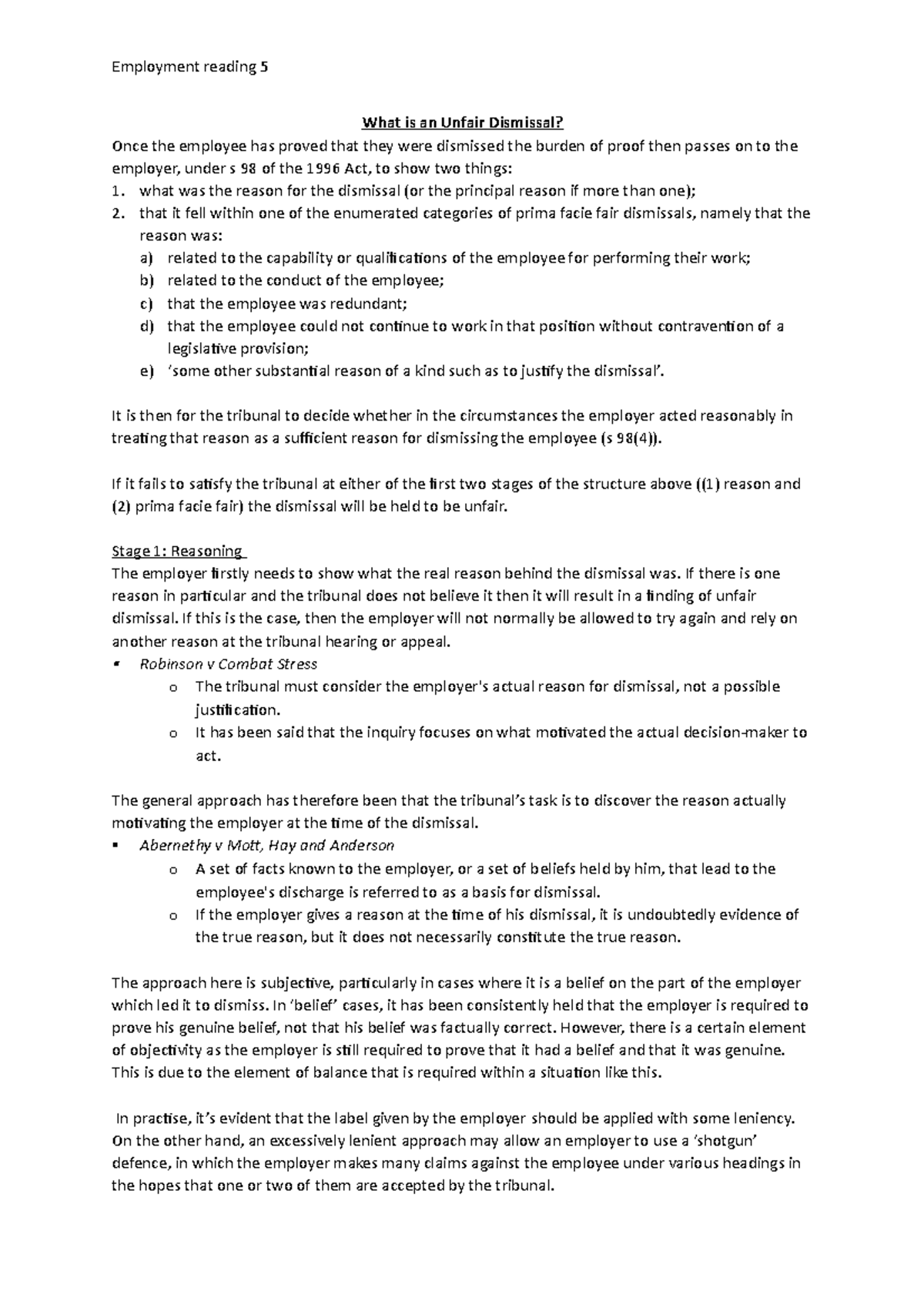 Reading notes for workshop 5 (unfair dismissal) - What is an Unfair ...