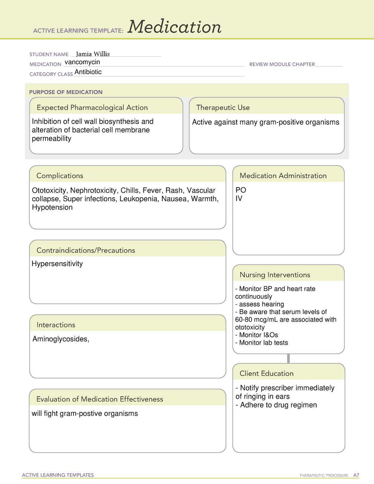 Vancomycin ACTIVELEARNINGTEMPLATE Medication STUD ENT NAME 