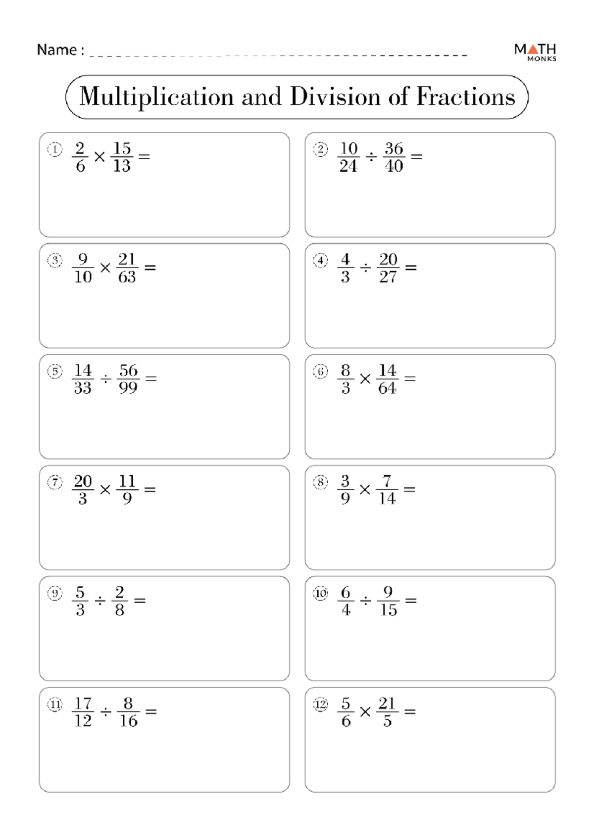 Multiplication and Division of Fractions Worksheets - English 1H03 ...