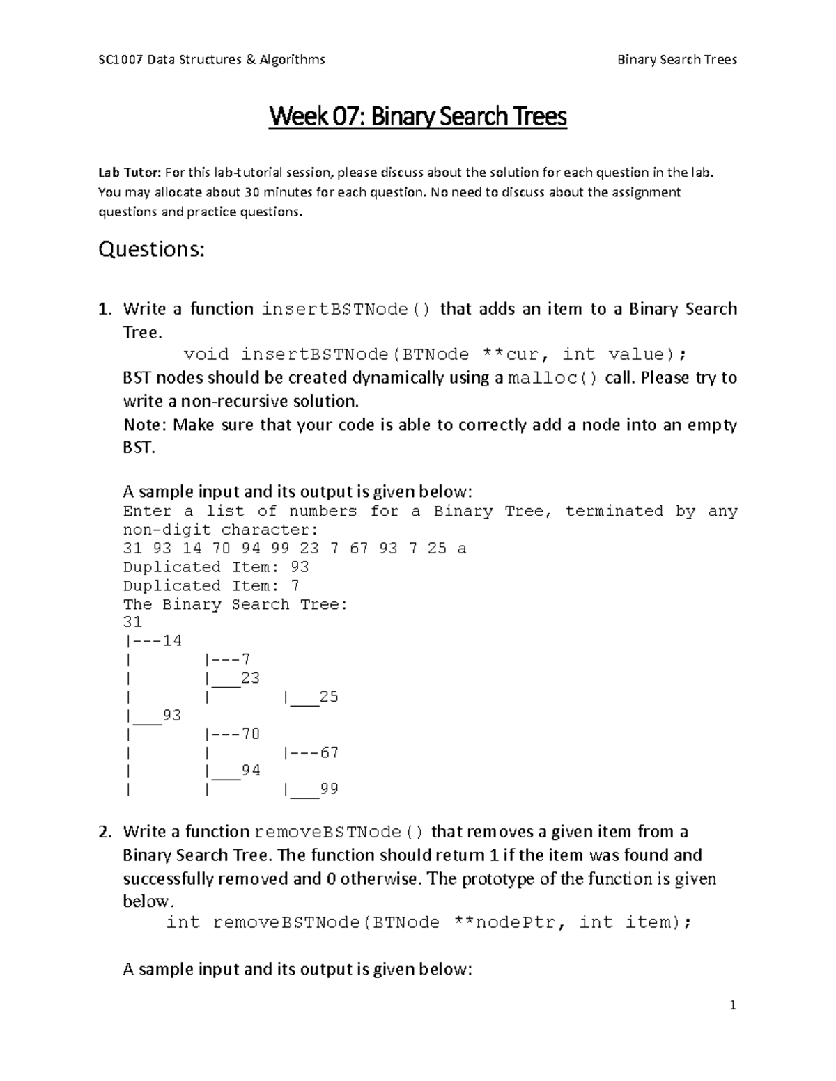 Week07 BST - algorithm - Week 07 : Binary Search Trees Lab Tutor: For ...