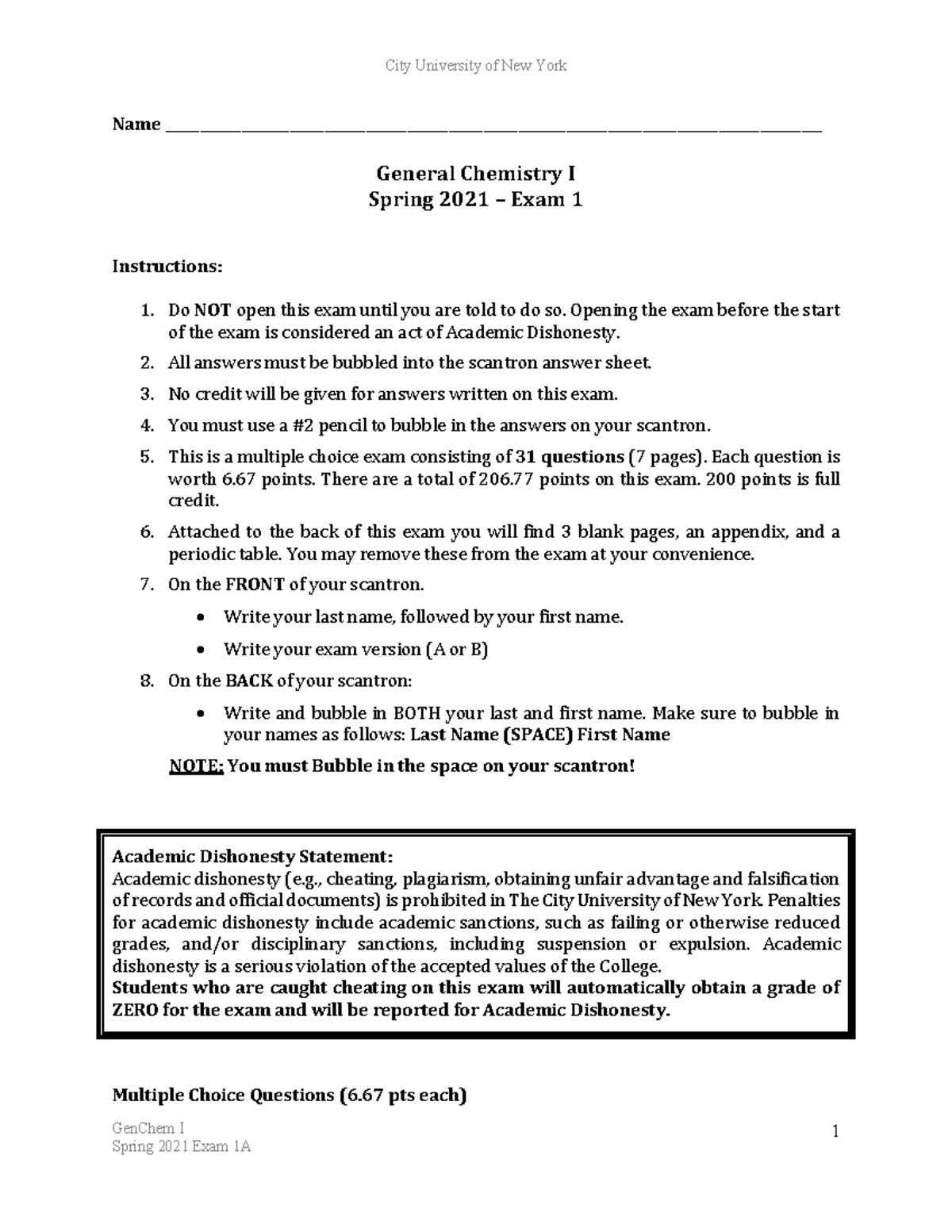 Exam 1 2021 - exam 1 2021 - GenChem I 1 Name - Studocu