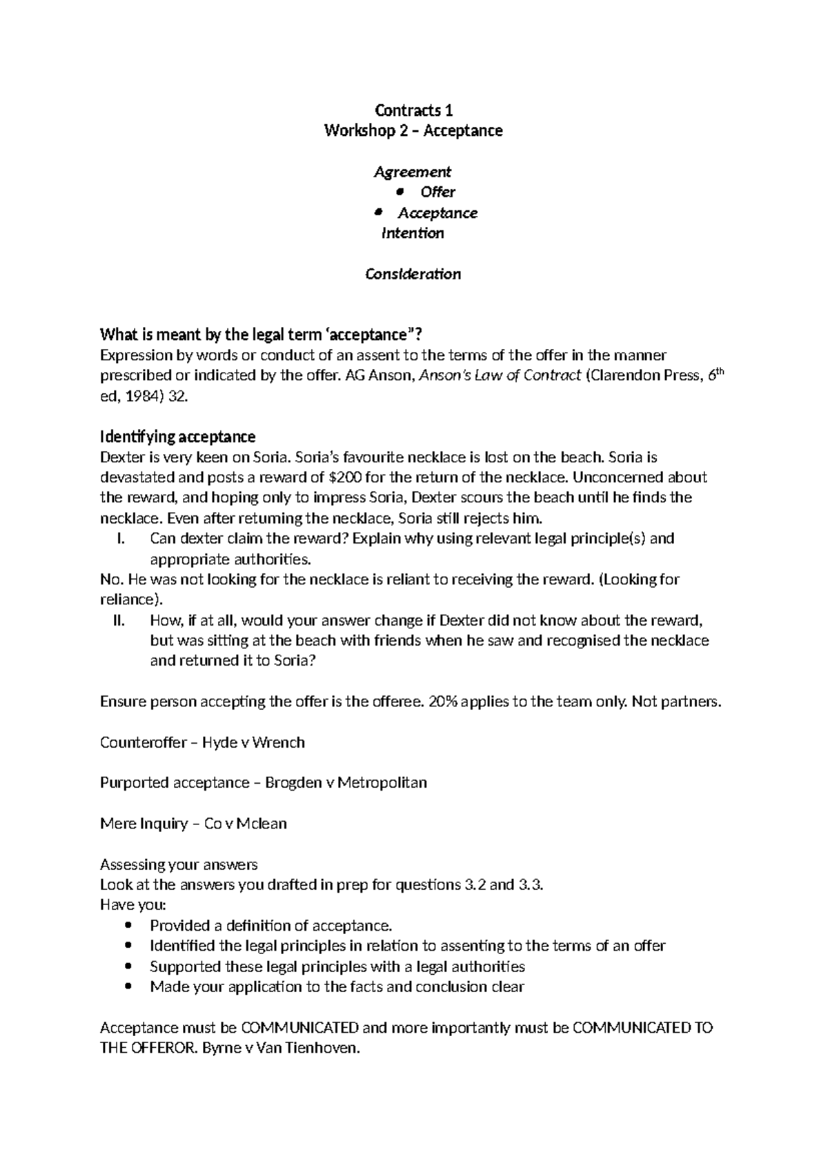 Contracts 1 - workshop 3 notes - Contracts 1 Workshop 2 – Acceptance ...
