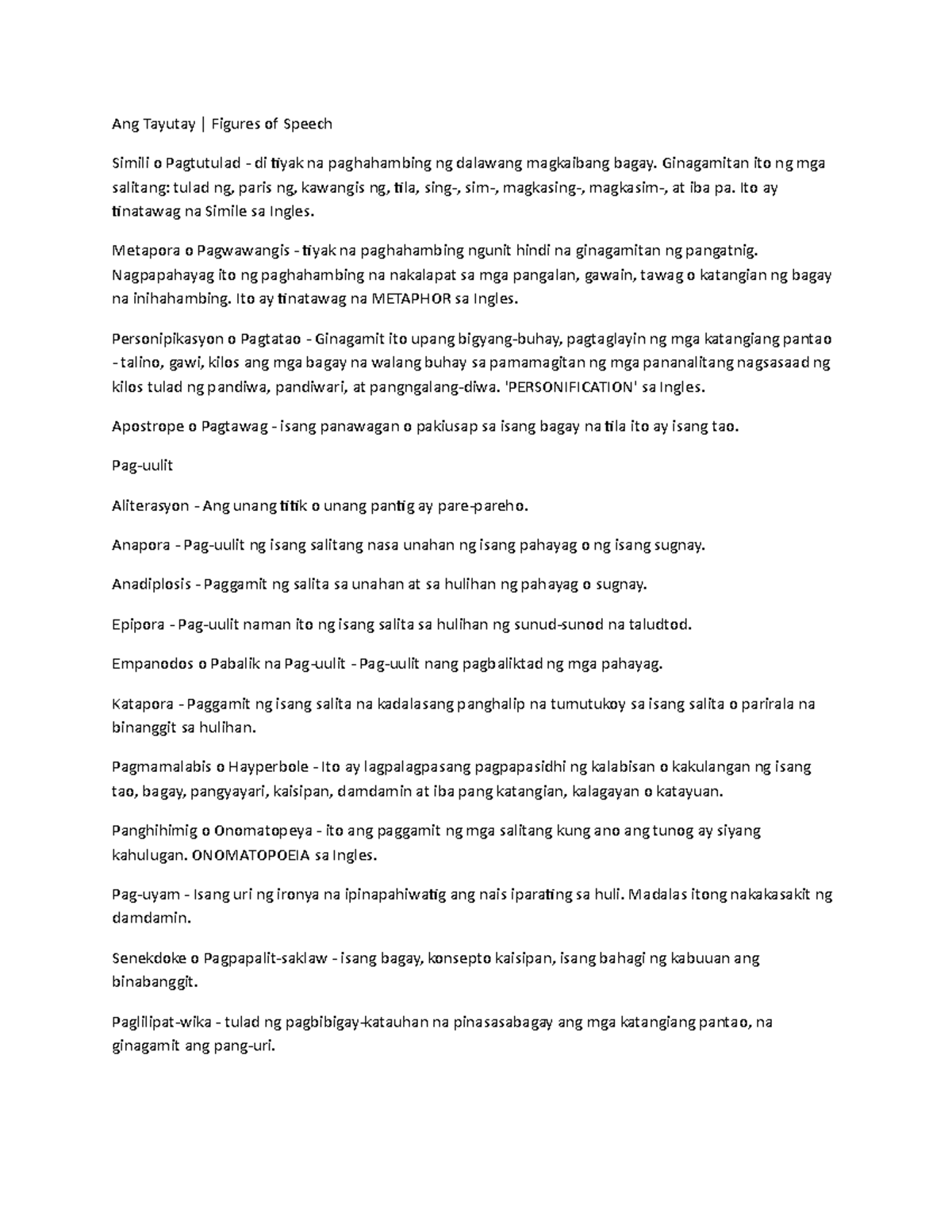 Ang Tayutay Figure of speech Ang Tayutay Figures of Speech Simili o