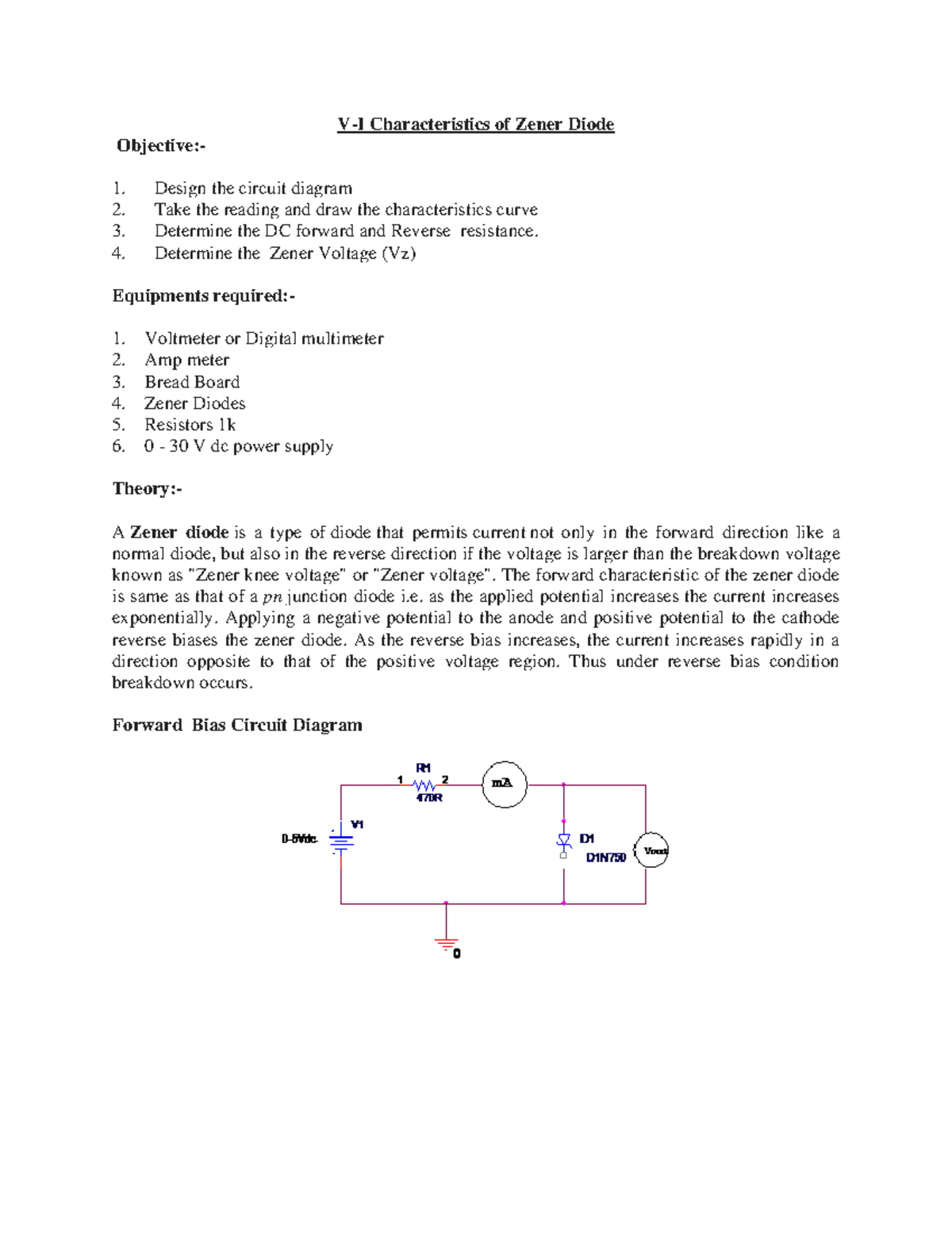 Analog TP 01 - V-I Characteristics of Zener Diode Objective:- Design ...