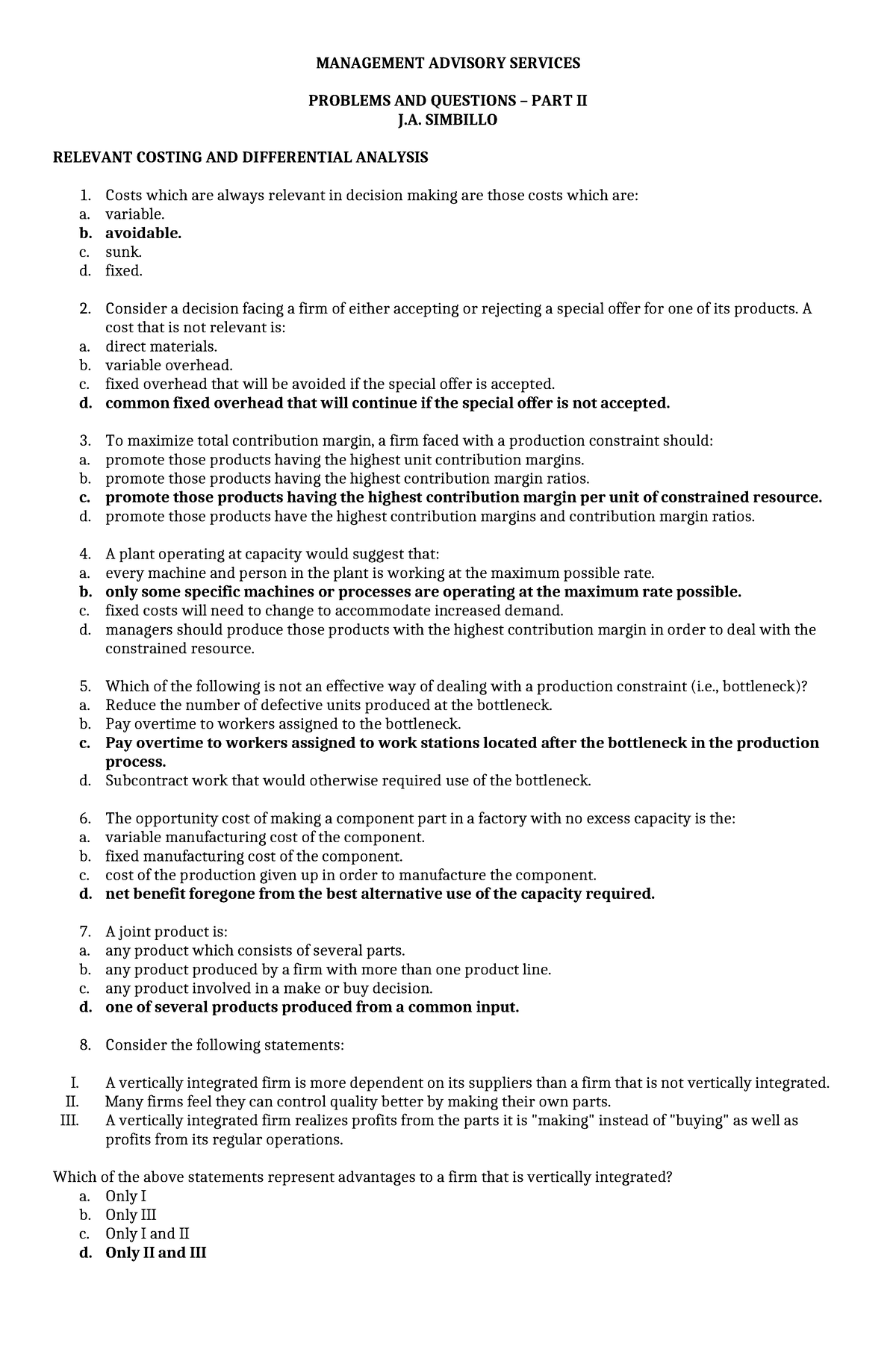 MC Questions Handout Part 2 - MANAGEMENT ADVISORY SERVICES PROBLEMS AND ...