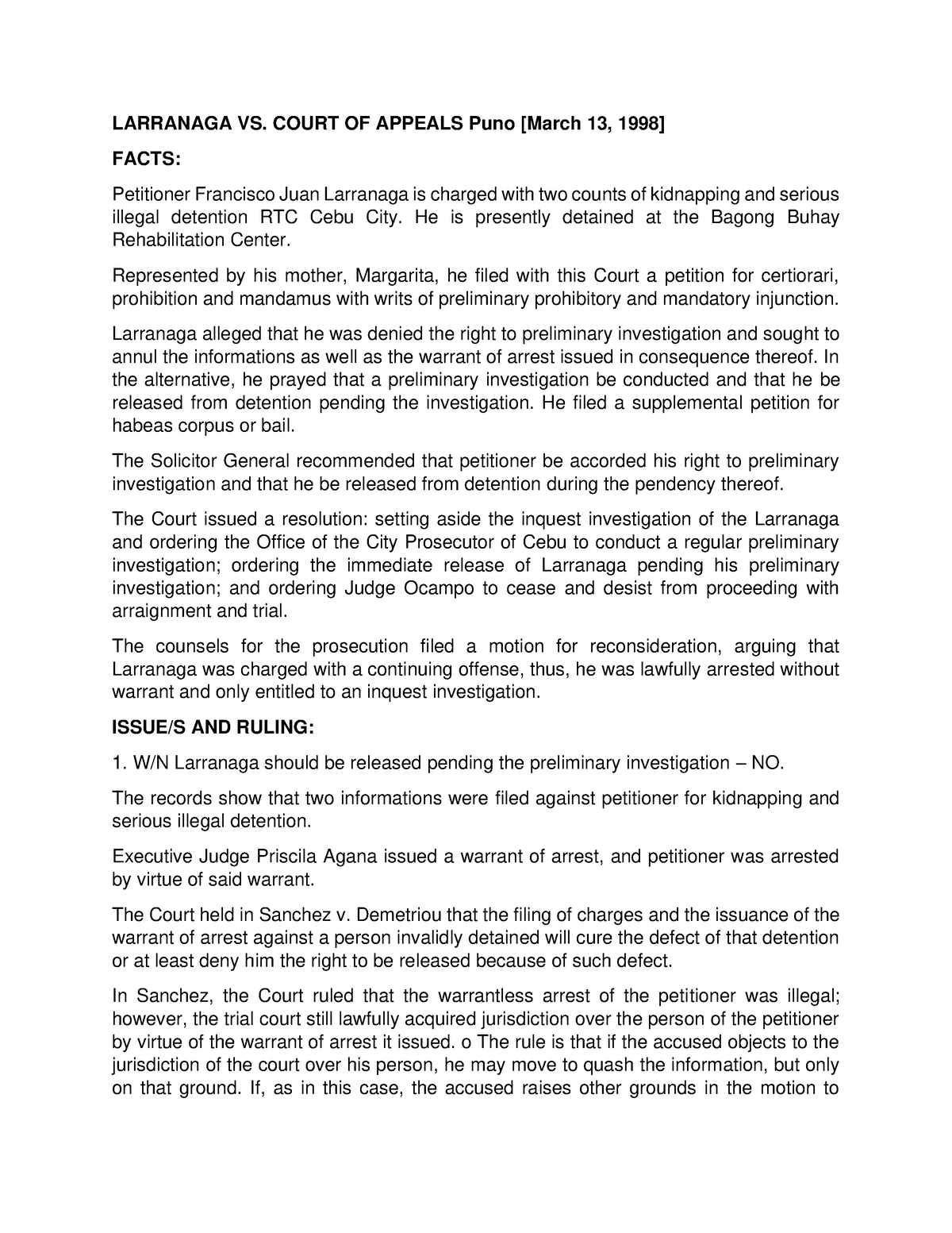 Larranaga Vs Court Of Appeals March 13 1998 Larranaga Vs Court