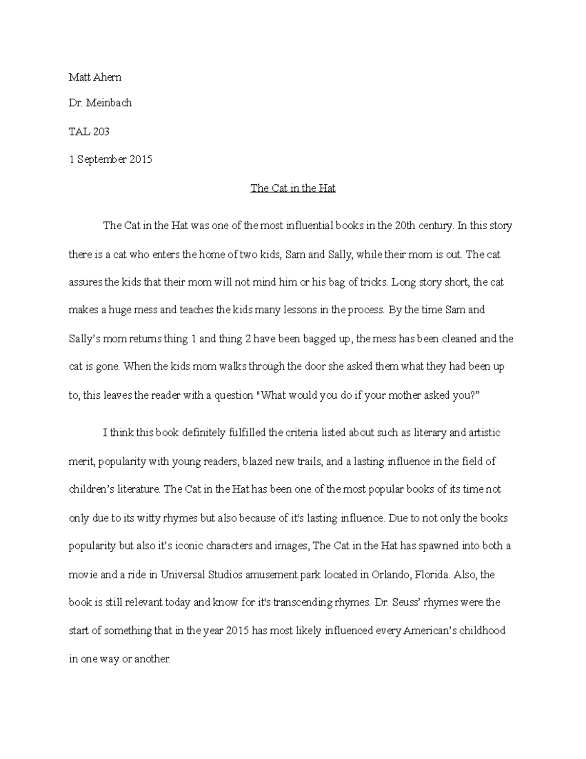 the cat in the hat essay