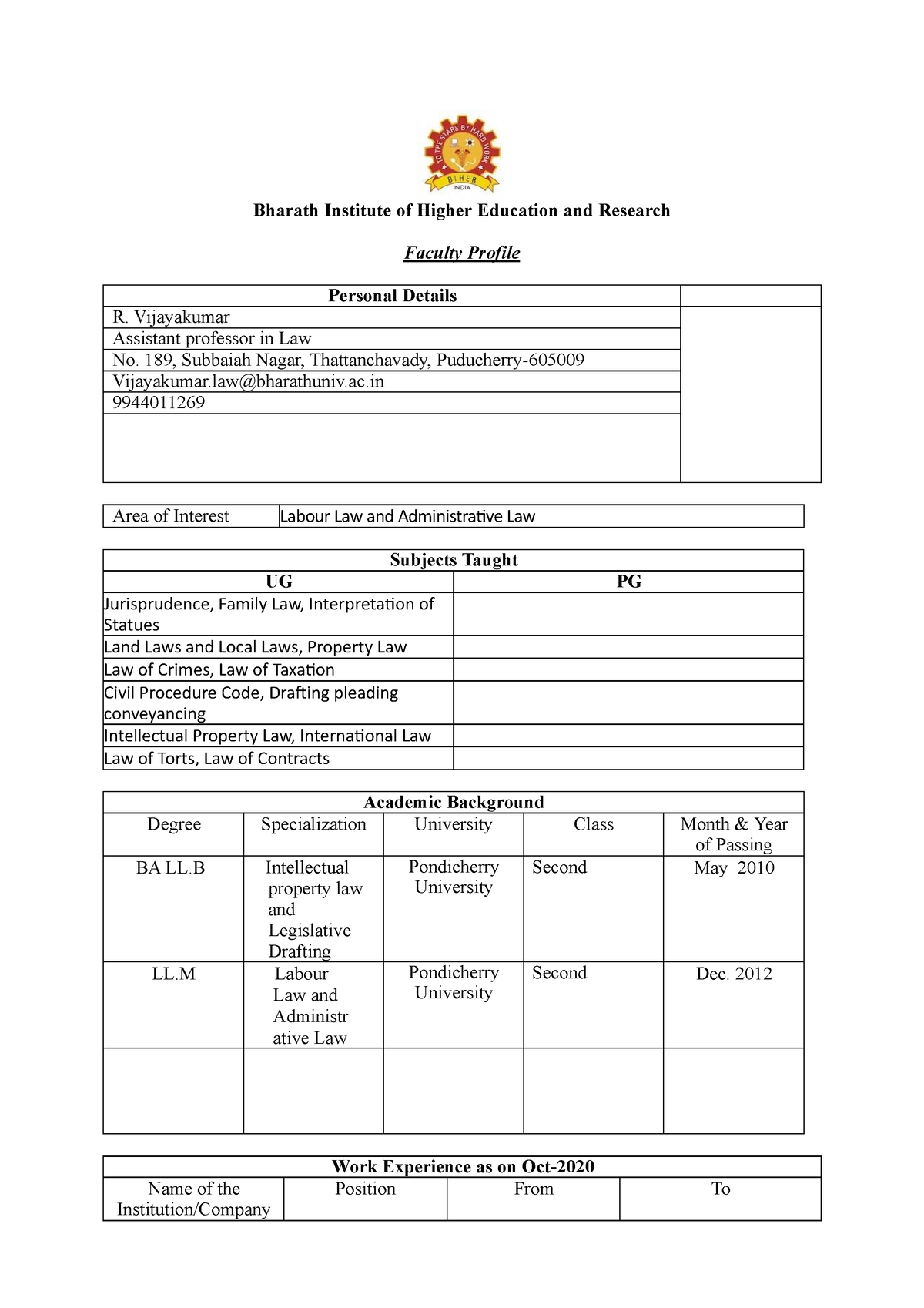 Faculty Profile Format Vijayakumar - Bharath Institute Of Higher ...