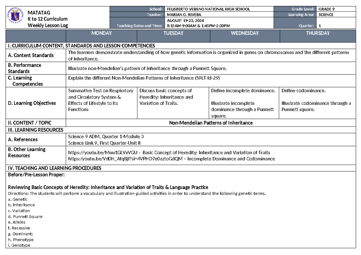 Matatag K 12 Curriculum Weekly Lesson LOG Contextualized FROM DO NO ...