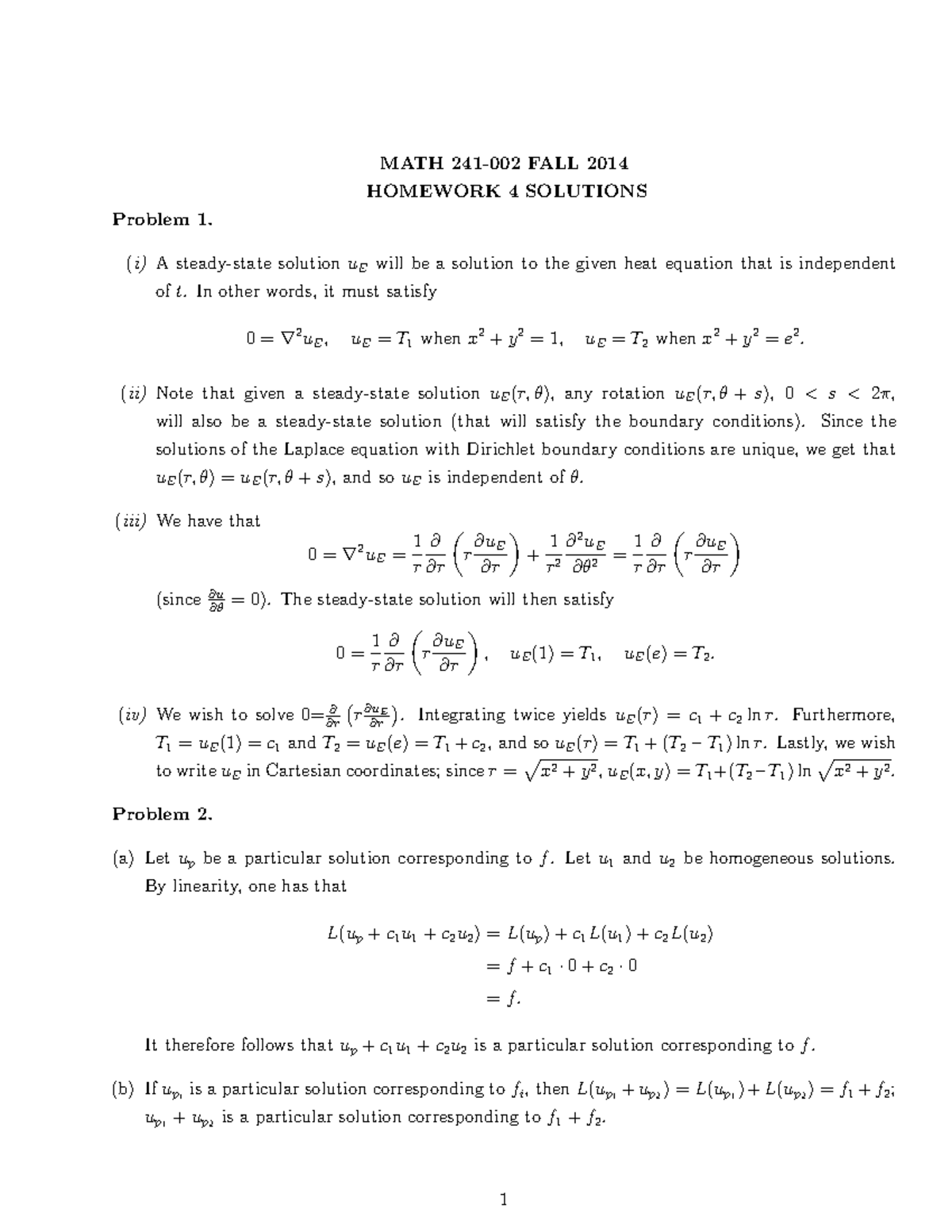 HW4 Solutions - Homework Solution - MATH 241-002 FALL 2014 HOMEWORK 4 ...