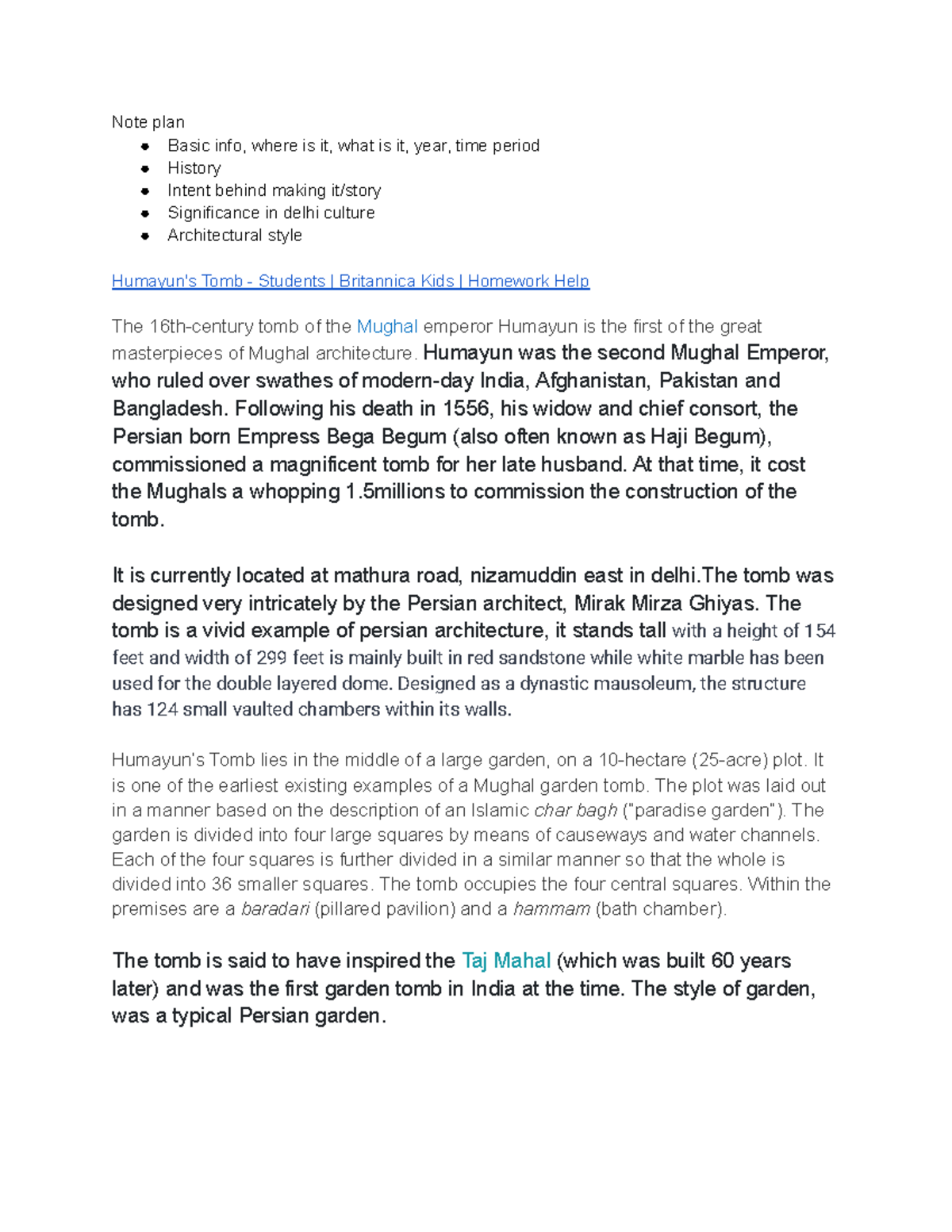 Short note on Humayun's Tomb - Note plan Basic info, where is it, what ...
