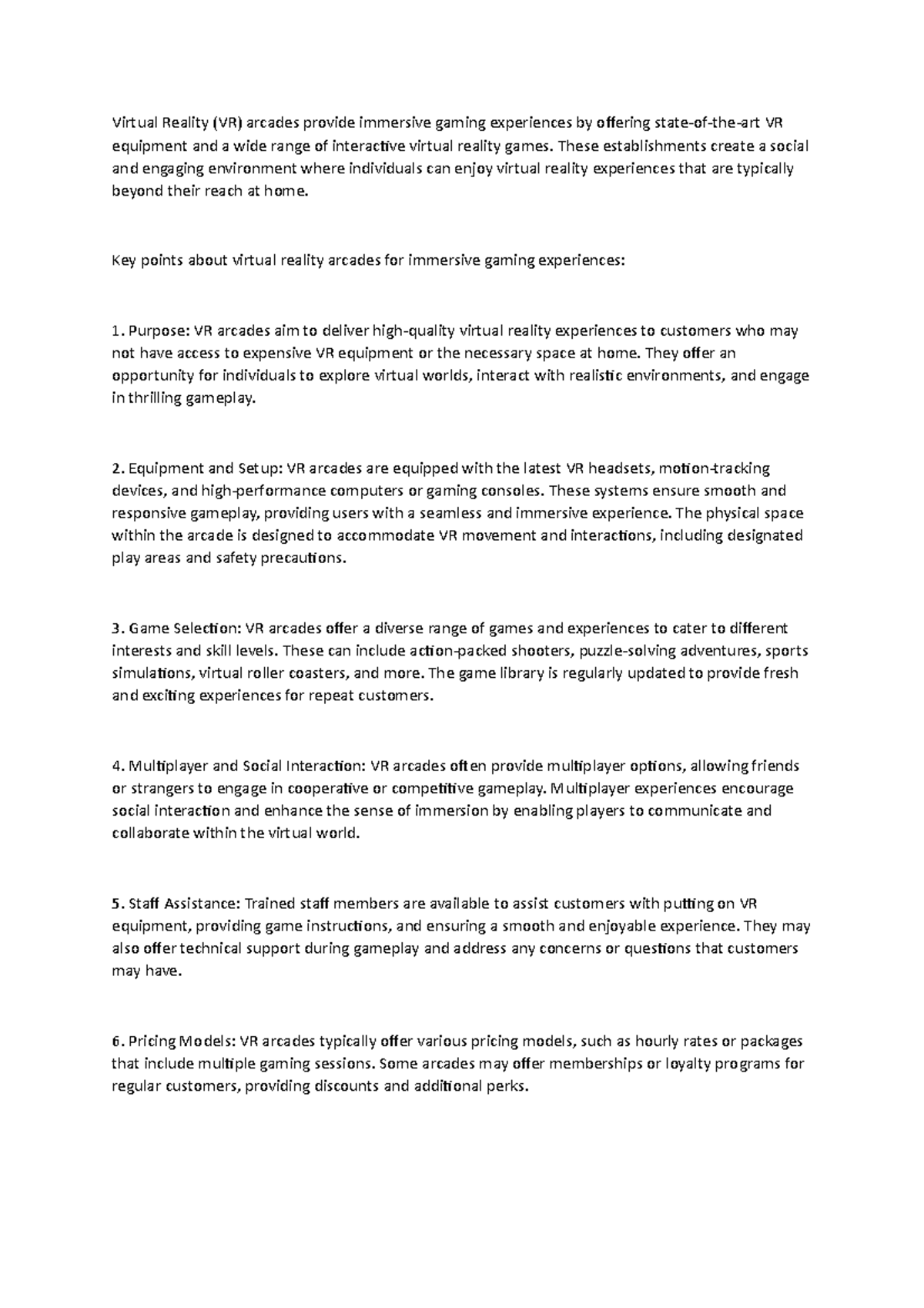 Virtual reality arcade for immersive gaming experiences Virtual