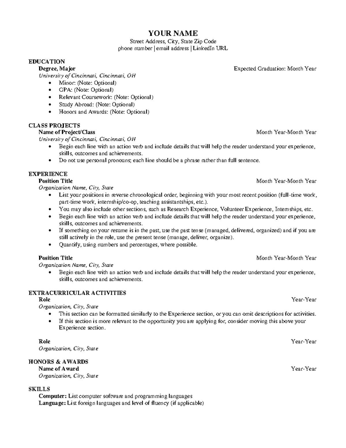 UC Resume Template - Used for the first assignment due in the class. Is ...