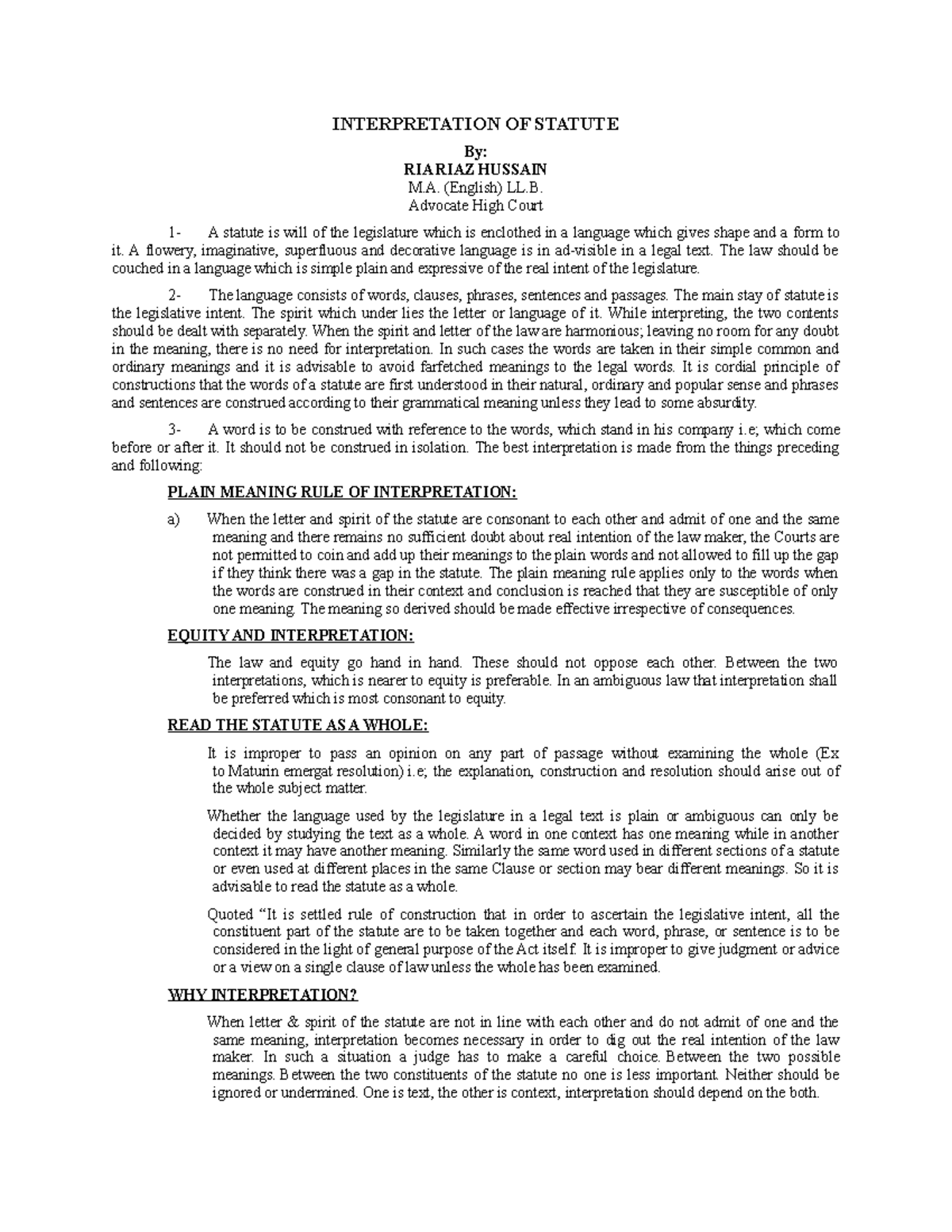 Interpretation OF Statute PLJ Article INTERPRETATION OF STATUTE RIA