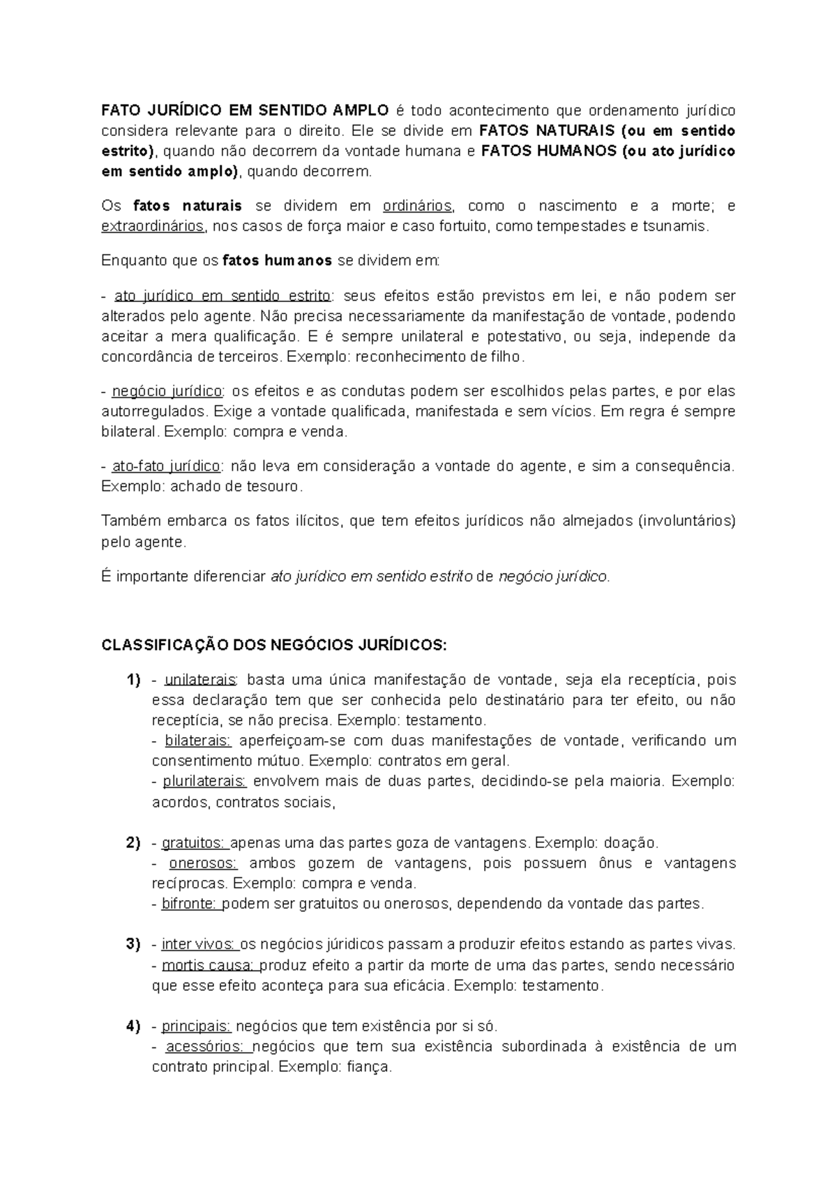 Resumo Fatos Jurídicos - FATO EM SENTIDO AMPLO todo acontecimento que ...