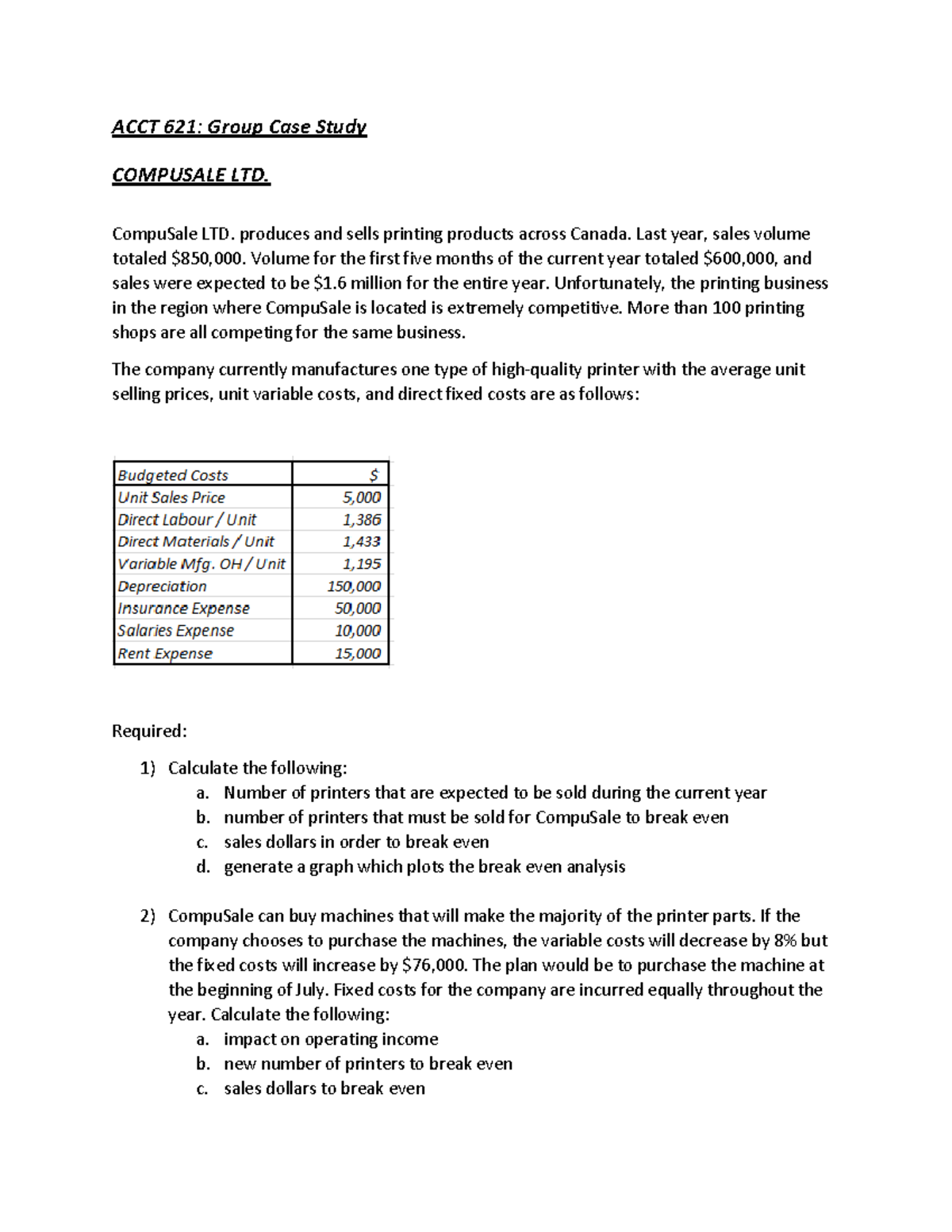Assi1 - Mandatory assignment - ACCT 621: Group Case Study COMPUSALE LTD ...