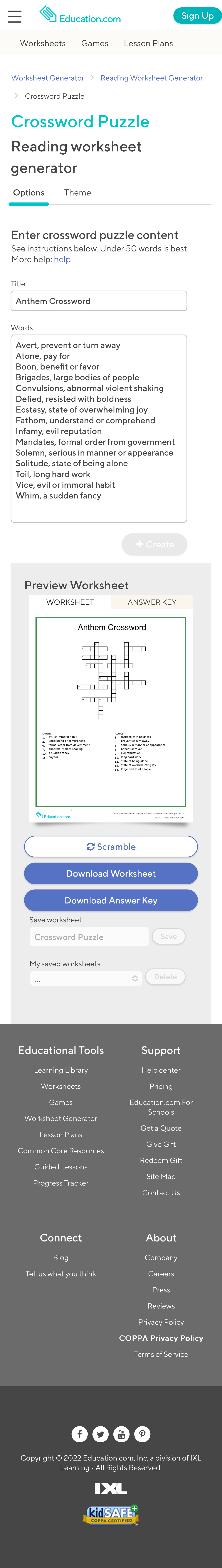 Crossword Puzzle Reading Worksheet Generator Education Xpsltiffu