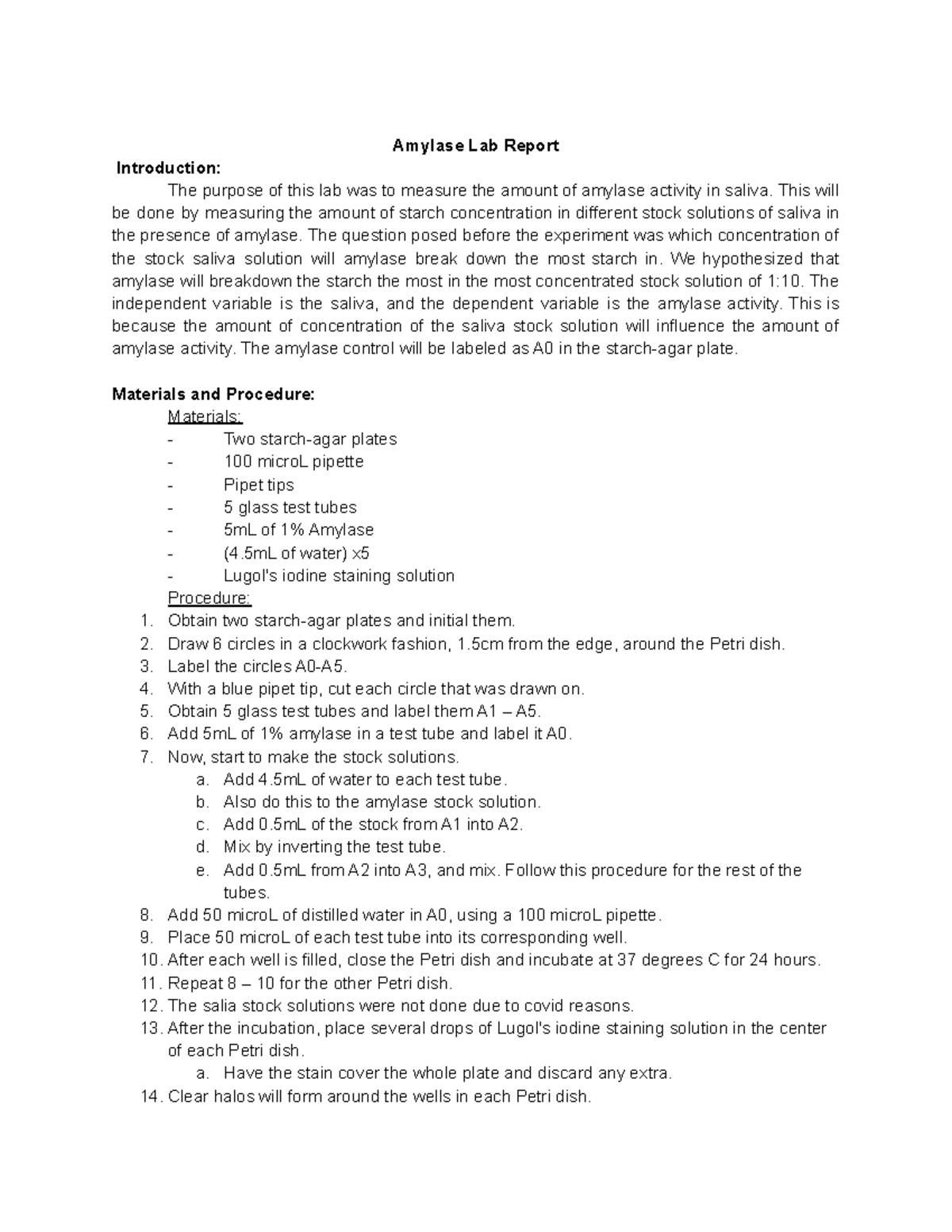 Amylase Lab Report Amylase Lab Report Introduction The purpose of