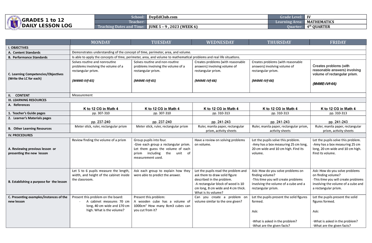 DLL Mathematics 4 Q4 W6 - adasdsadsadasdasd - GRADES 1 to 12 DAILY ...