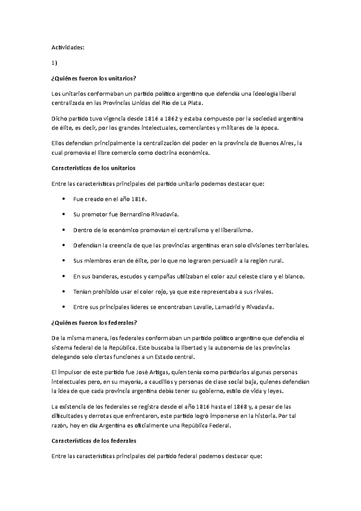 Guia de historia unitarios y federales - Actividades: ¿Quiénes fueron ...