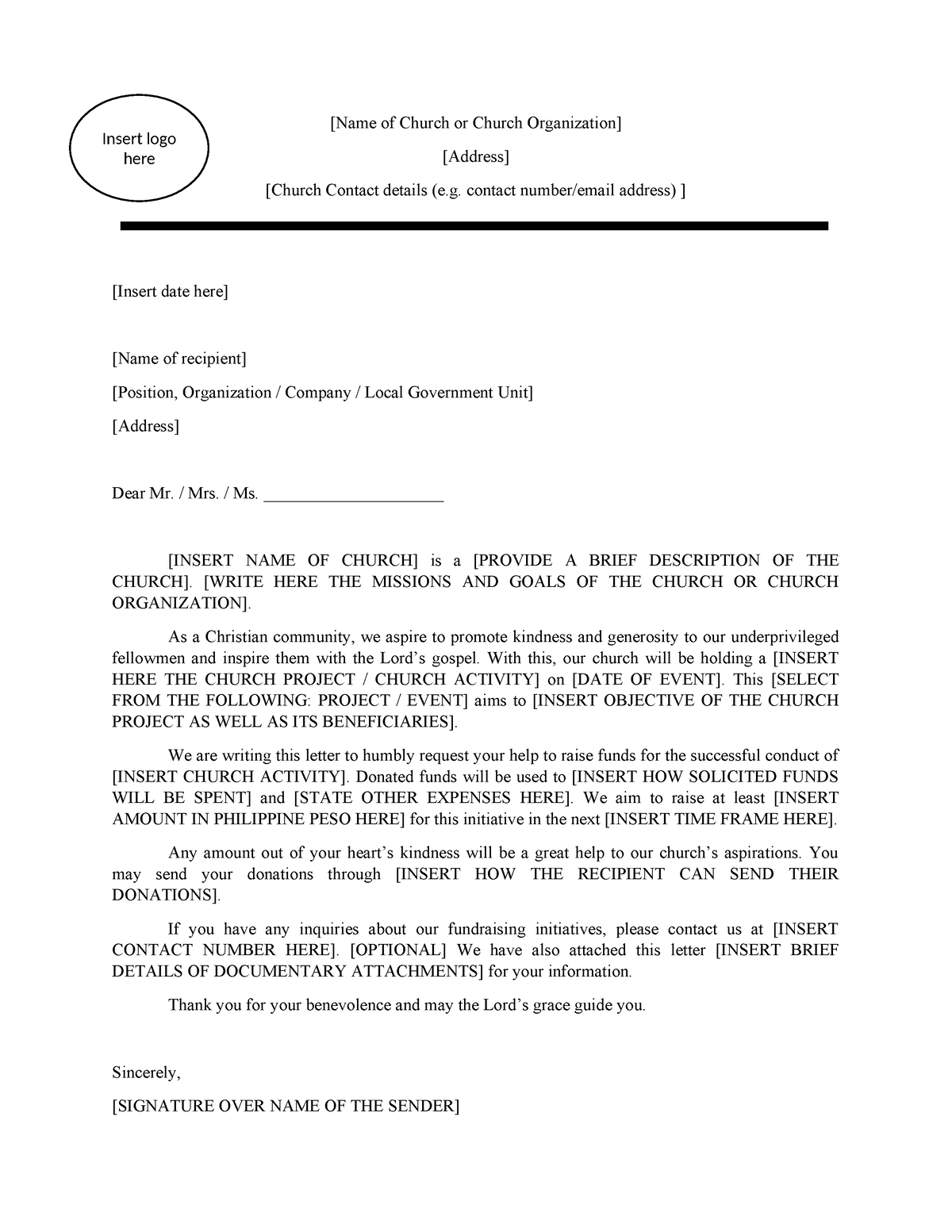 Solicitation Letter Sample Template for Church Project - [Name of ...