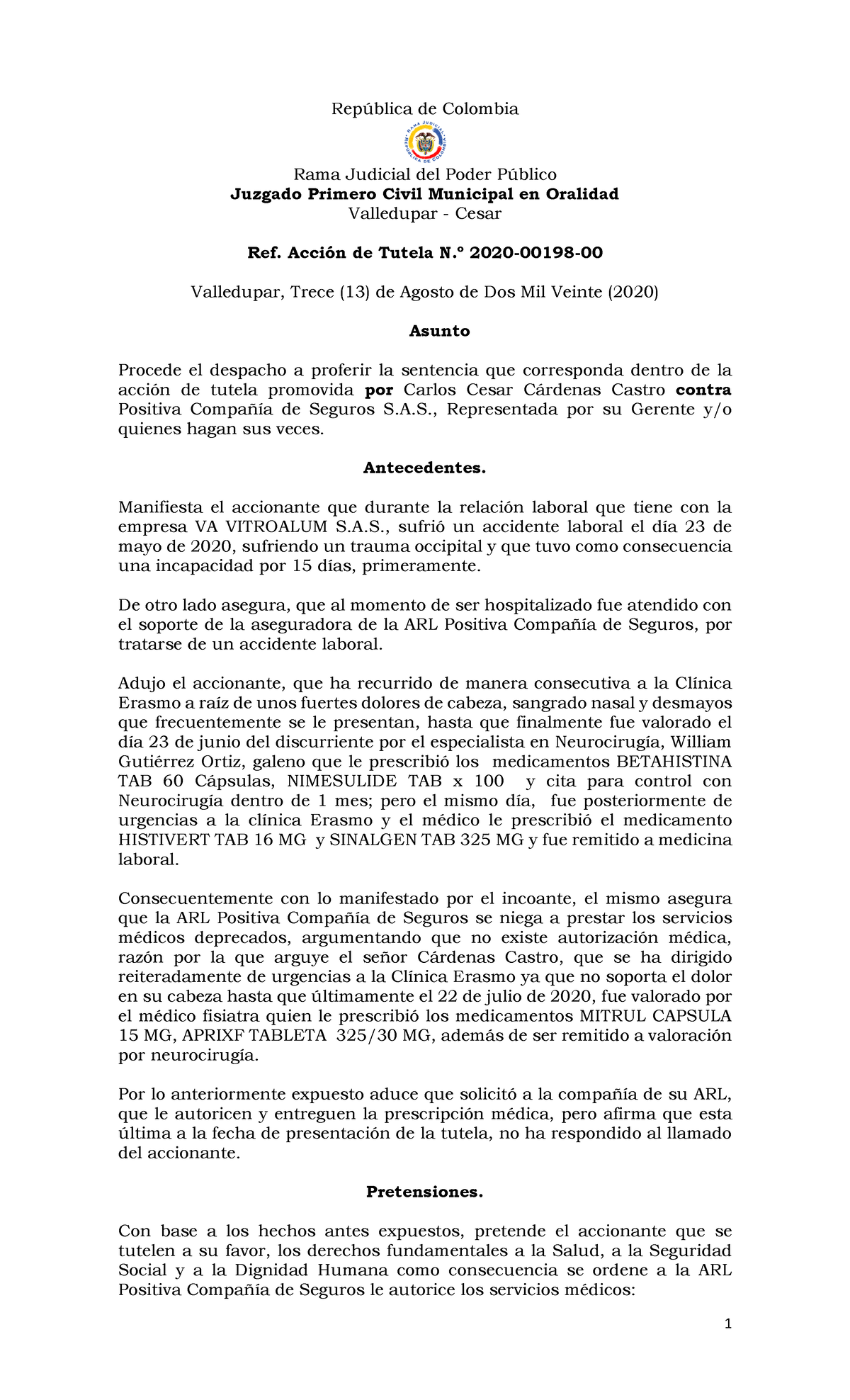 Fallo Tutela 2020-00198 - Rep ̇blica de Colombia Rama Judicial del ...