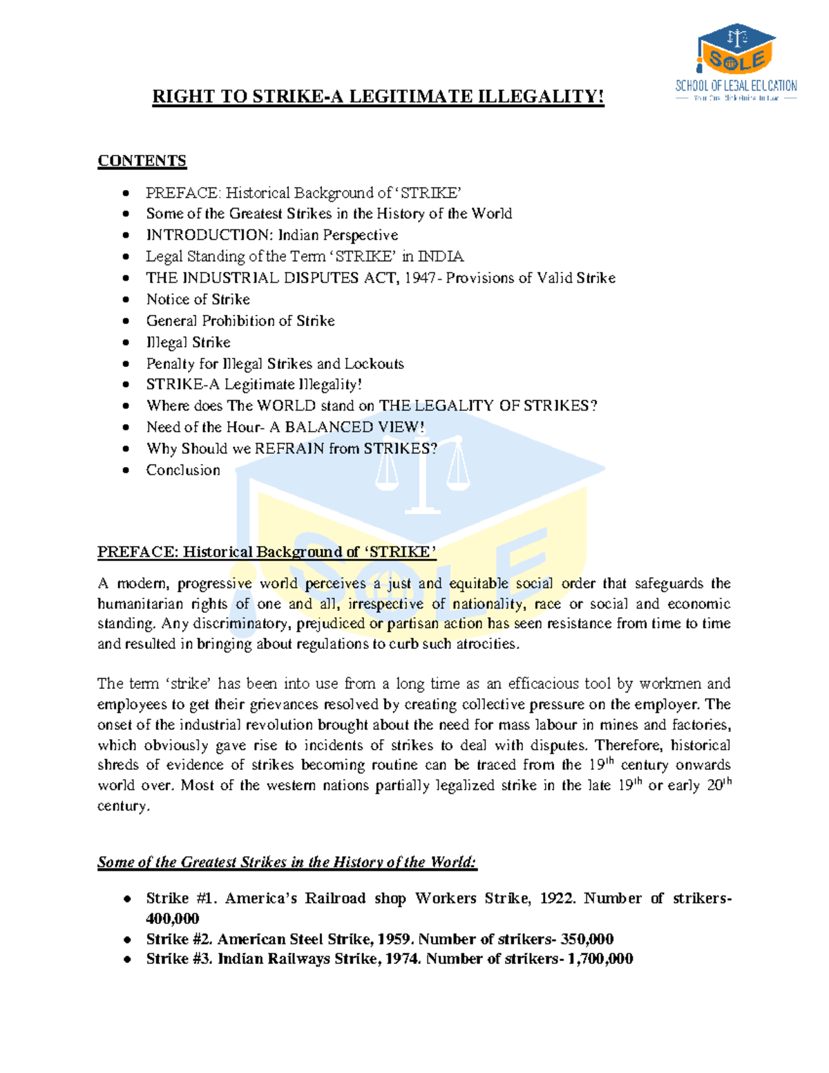Right to strike - RIGHT TO STRIKE-A LEGITIMATE ILLEGALITY! CONTENTS ...