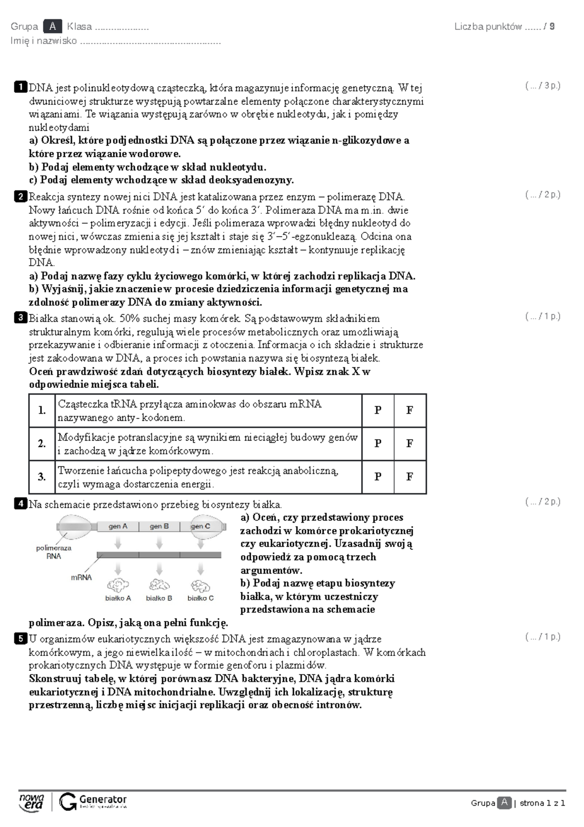 Test - Genetyka molekularna Test (z widoczną punktacją) - Grupa A