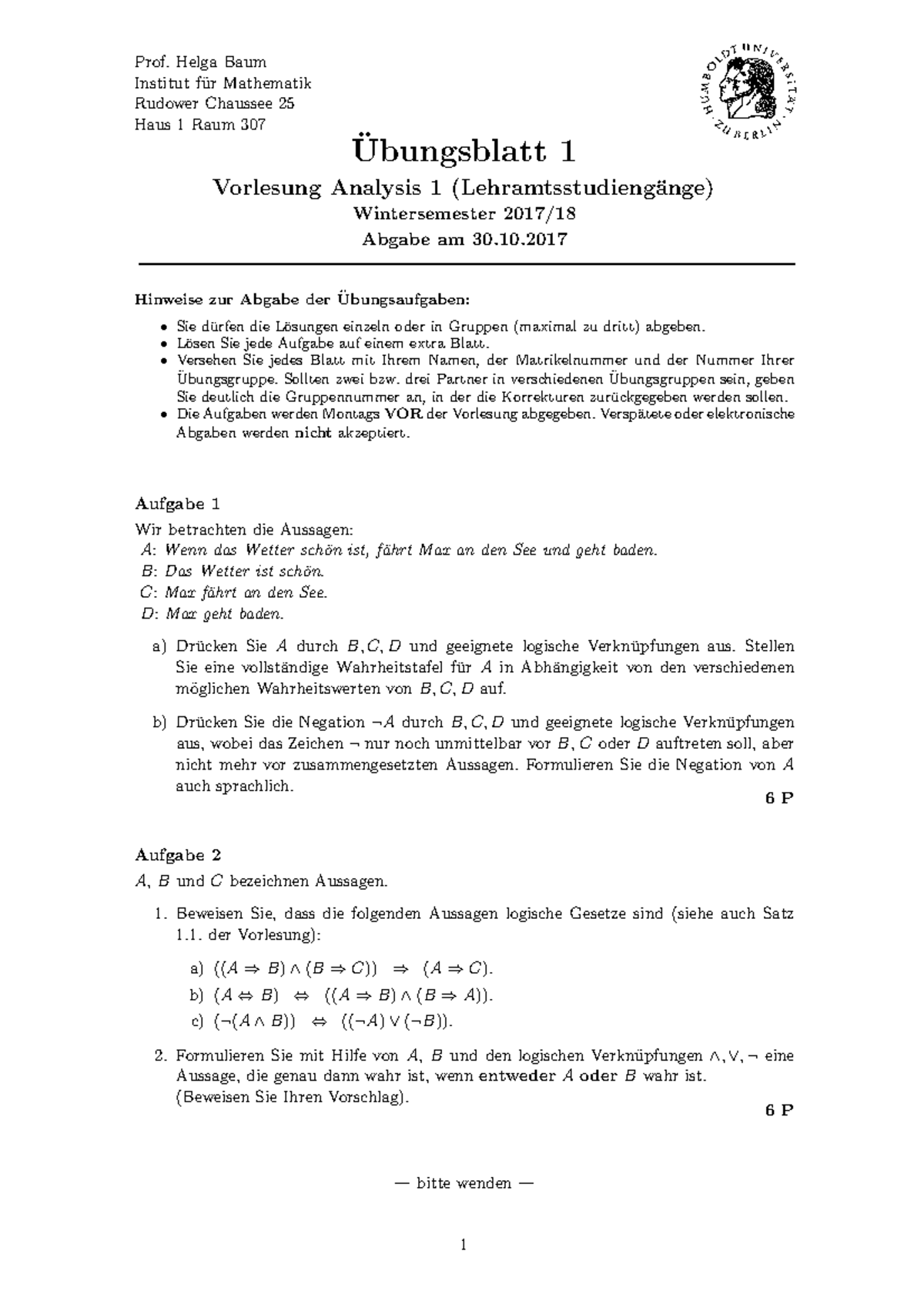 UA Ana I WS17 01 - Übungsblatt Zur Analysis 1 Bei Frau Helga Baum ...