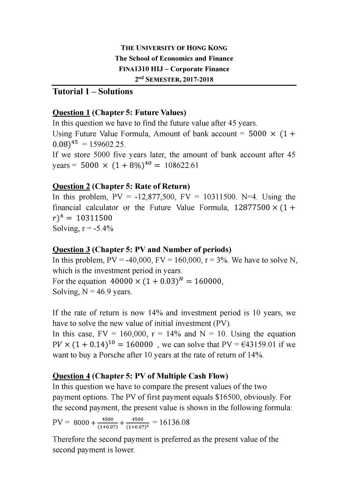 Tutorial 1 Solutions Corporate Finance Fina1310 Hku Studocu