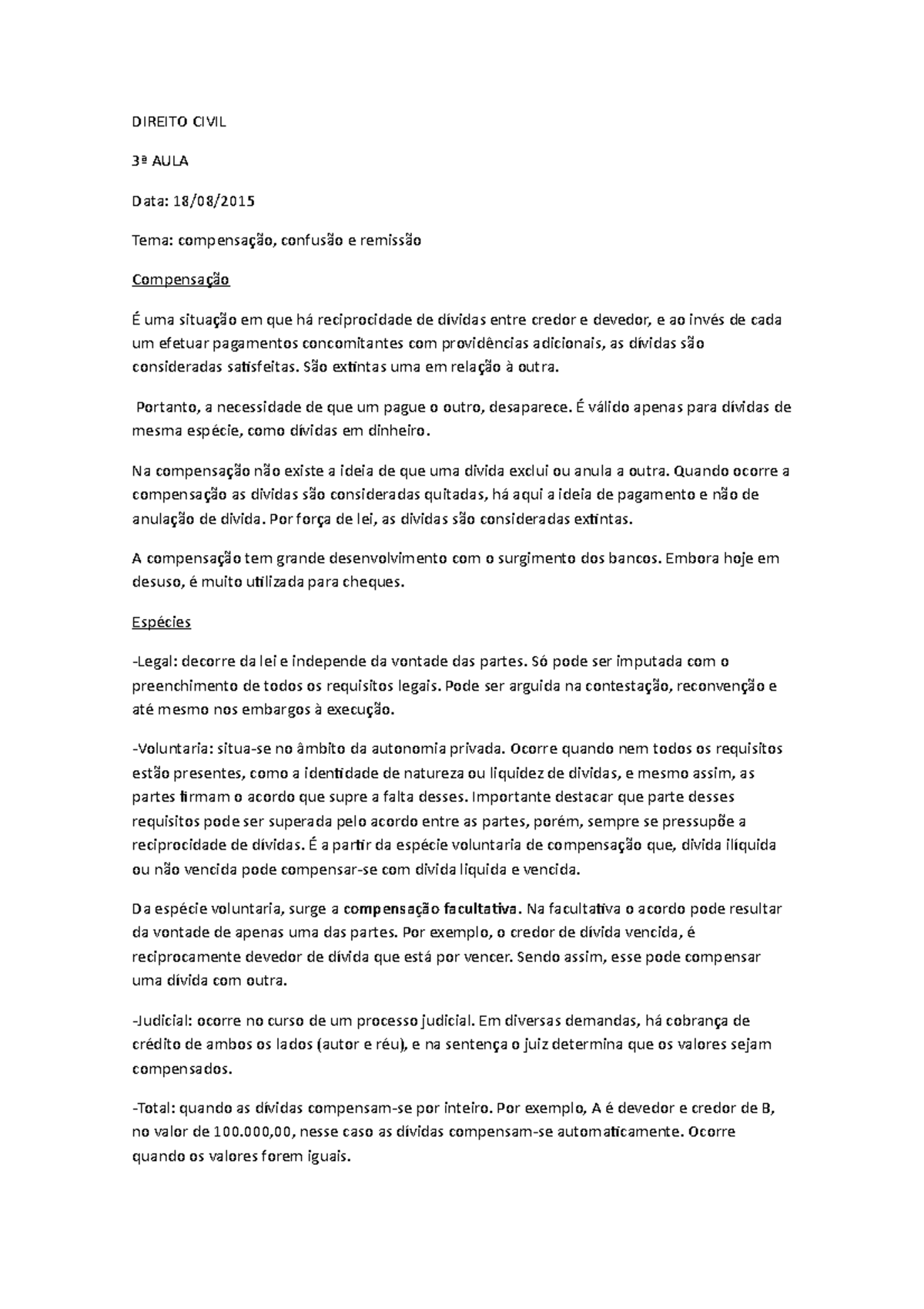 Direito Civil 3 AULA - Tema: compensação, confusão e remissão. Aula ...