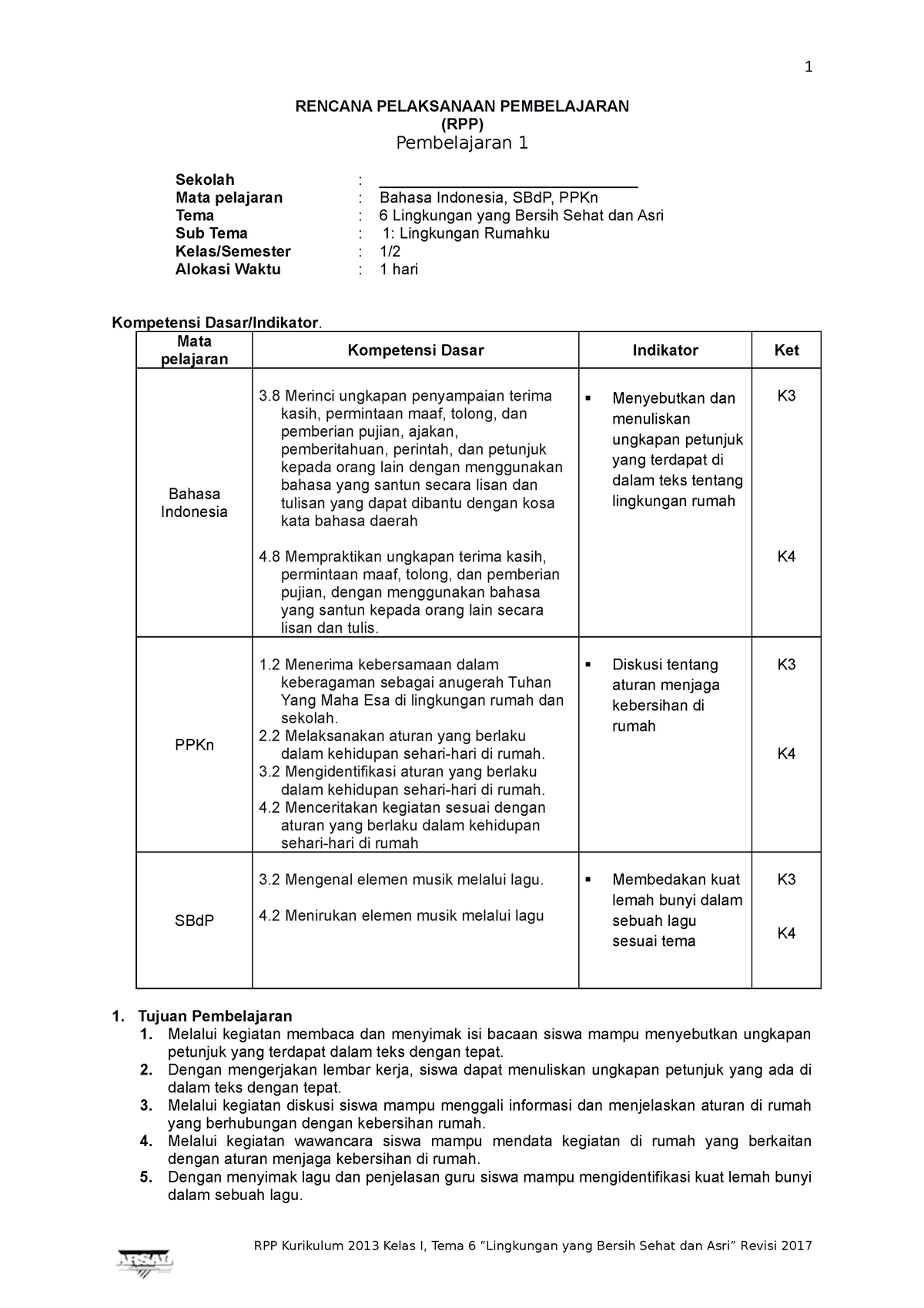 RPP Kelas 1 Tema 6 Lingkungan Yang Bersih Sehat Dan Asri - RENCANA ...