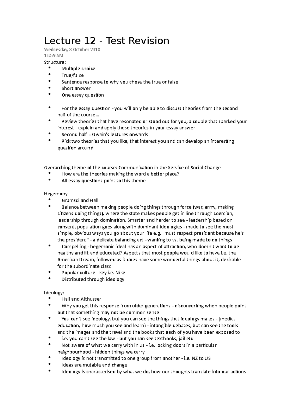 Lecture 12 - Test - Lecture 12 - Test Revision Wednesday, 3 October ...