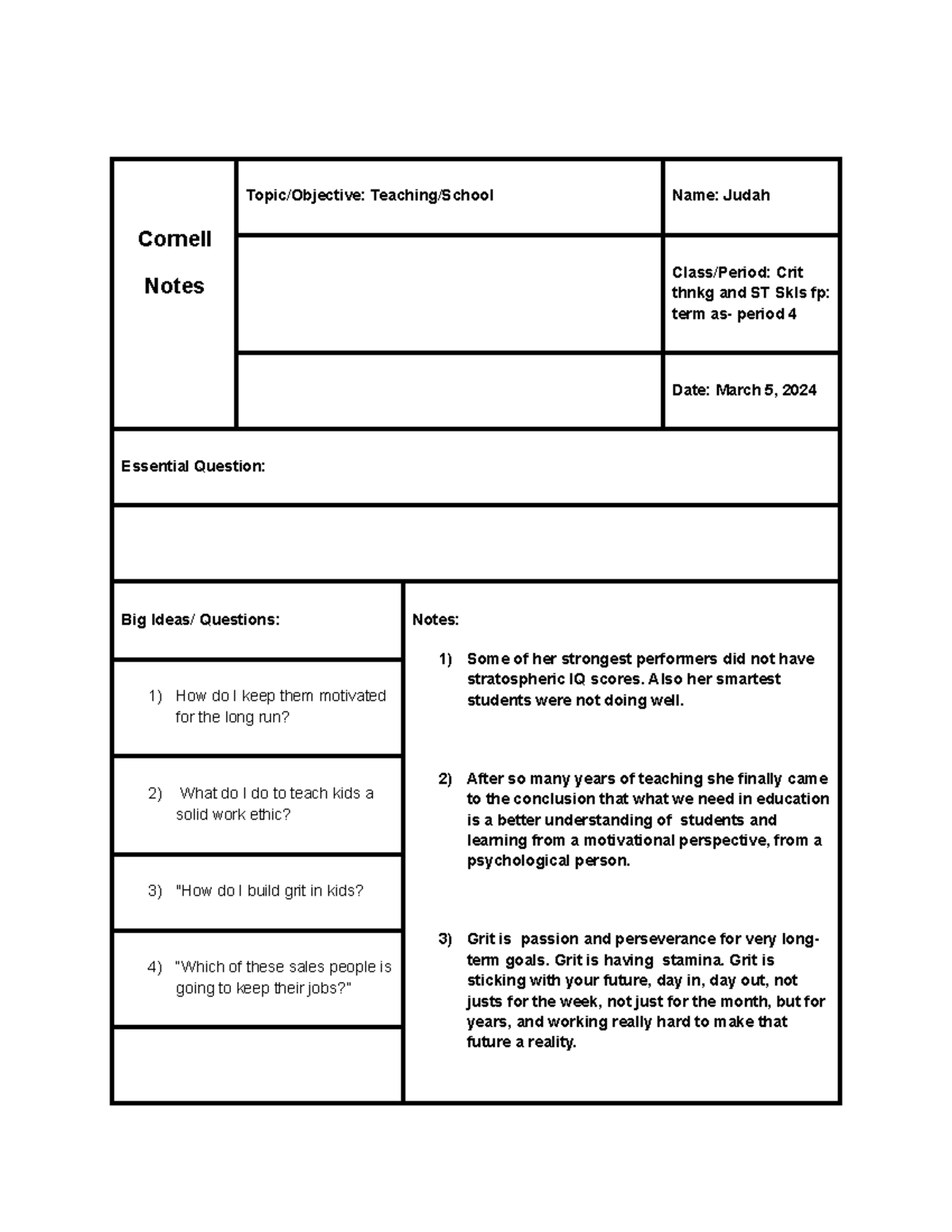Take useful notes - stuff - Cornell Notes Topic/Objective: Teaching ...