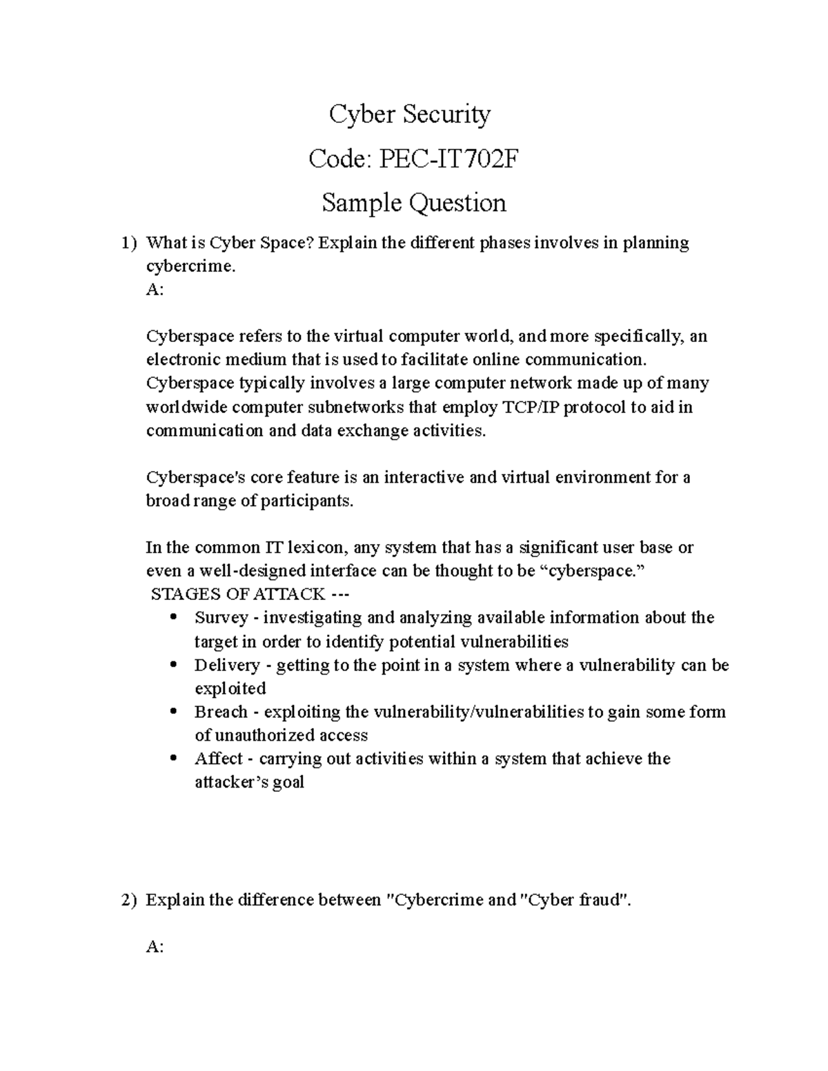 Sample Question Cyber Security CA3 - Cyber Security Code: PEC-IT702F ...