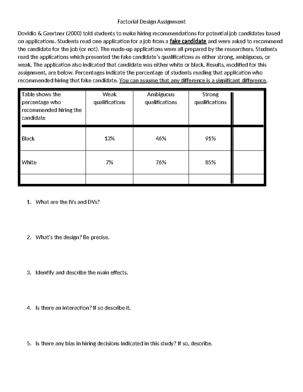 Chapter 12 Factorial Assignment - Factorial Design Assignment Dovidio ...