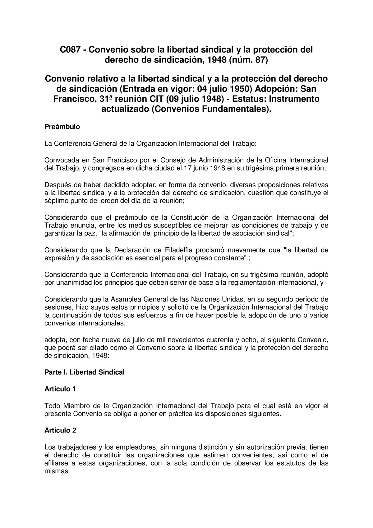 Convenio Número 87 DE LA OIT - C087 - Convenio Sobre La Libertad ...