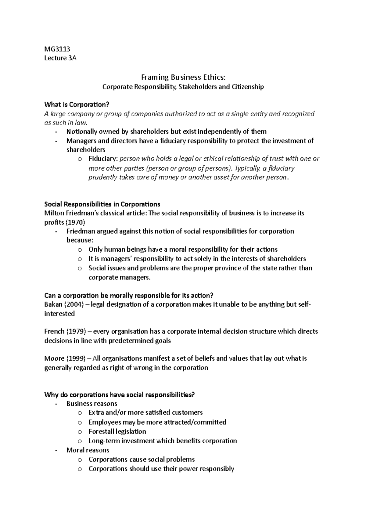 Framing business ethics 2 MG3113 Lecture 3A Framing Business Ethics
