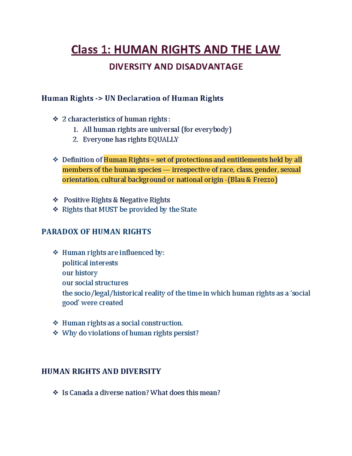 Diversity in Canada 1 Part 1 Class 1 HUMAN RIGHTS AND THE LAW