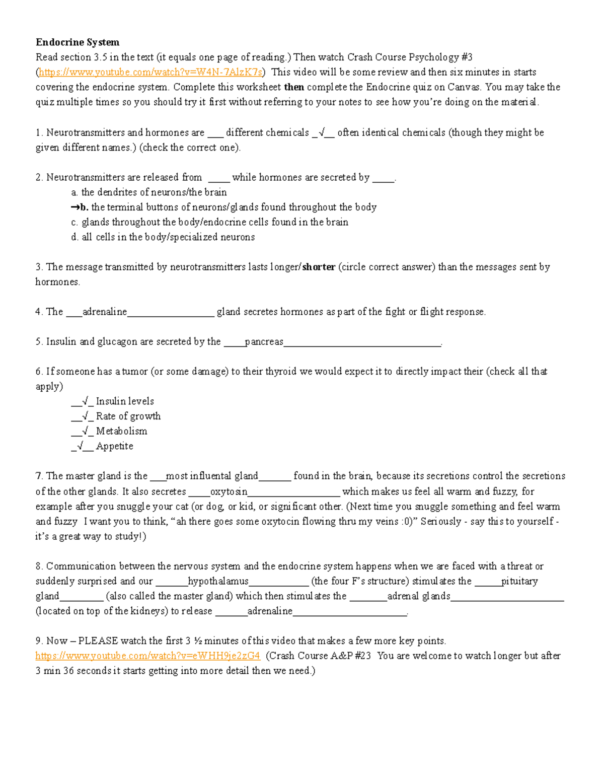 Endocrine video worksheet Psychology Cooper - Endocrine System Read ...
