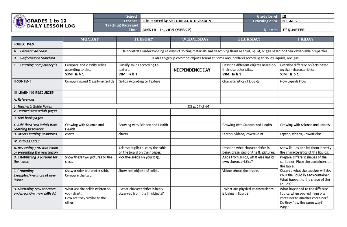 DLL Science 3 Q1 W2 - DLL - GRADES 1 to 12 DAILY LESSON LOG School ...