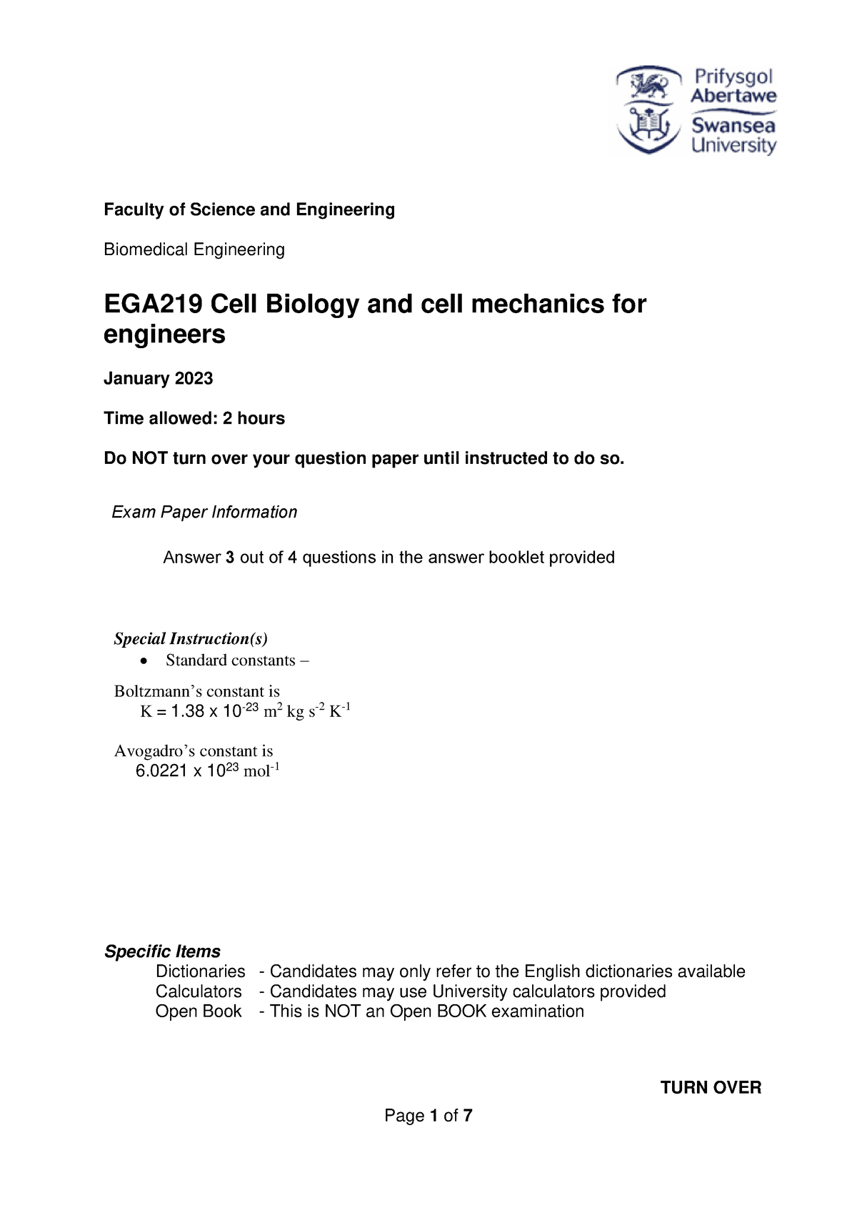 EGA219 Exam Paper TB1 22-23 - Faculty Of Science And Engineering ...