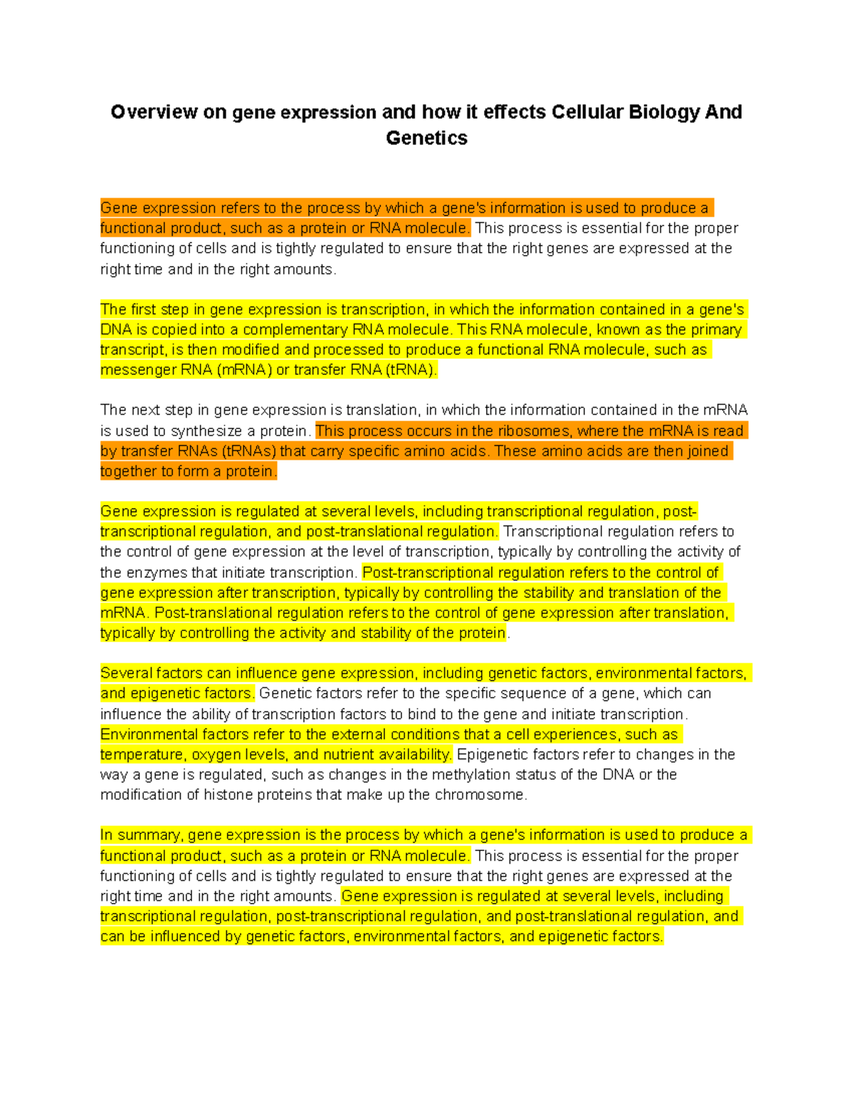 notes on Gene expression Overview on gene expression and how it
