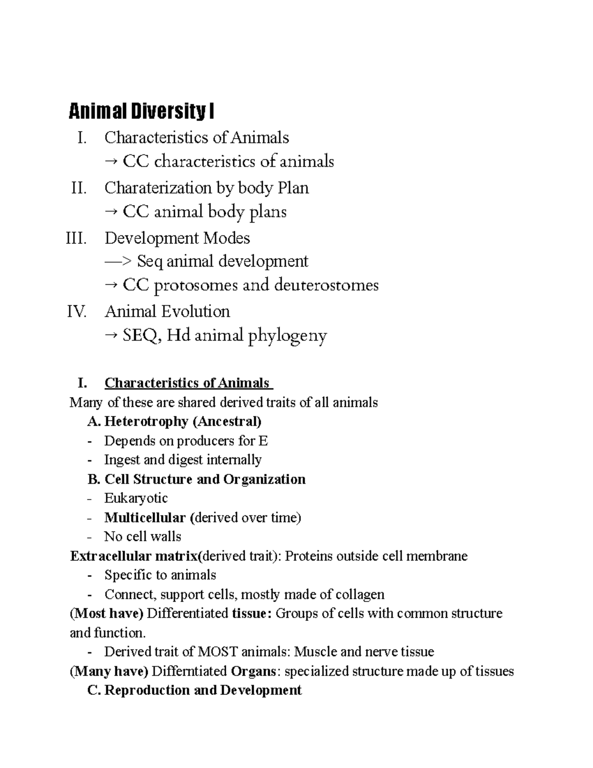 Biology II Notes - Animal Diversity I I. Characteristics Of Animals → ...