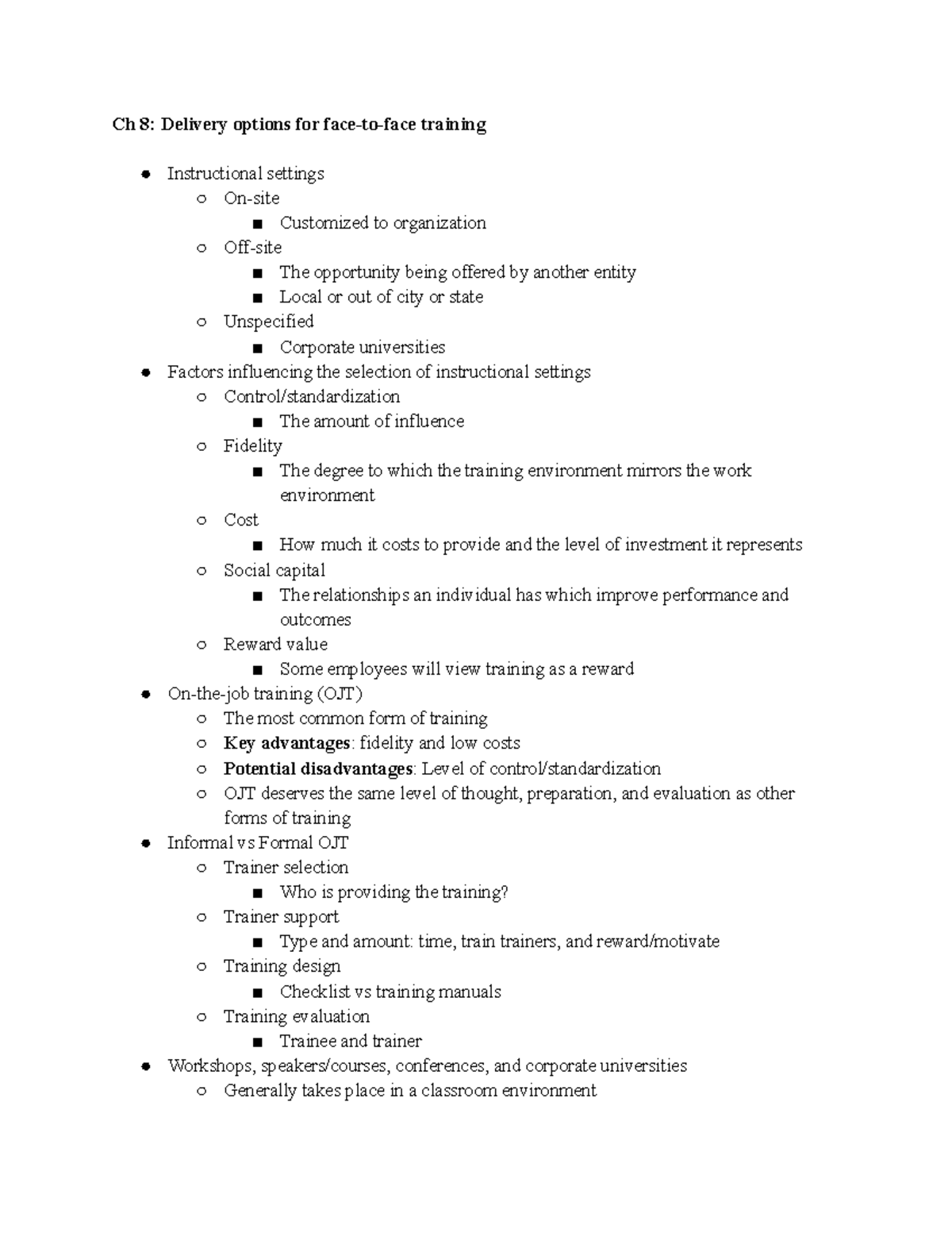 MGT 308Part 2 Notes for exam 2 Ch 8 Delivery options for faceto