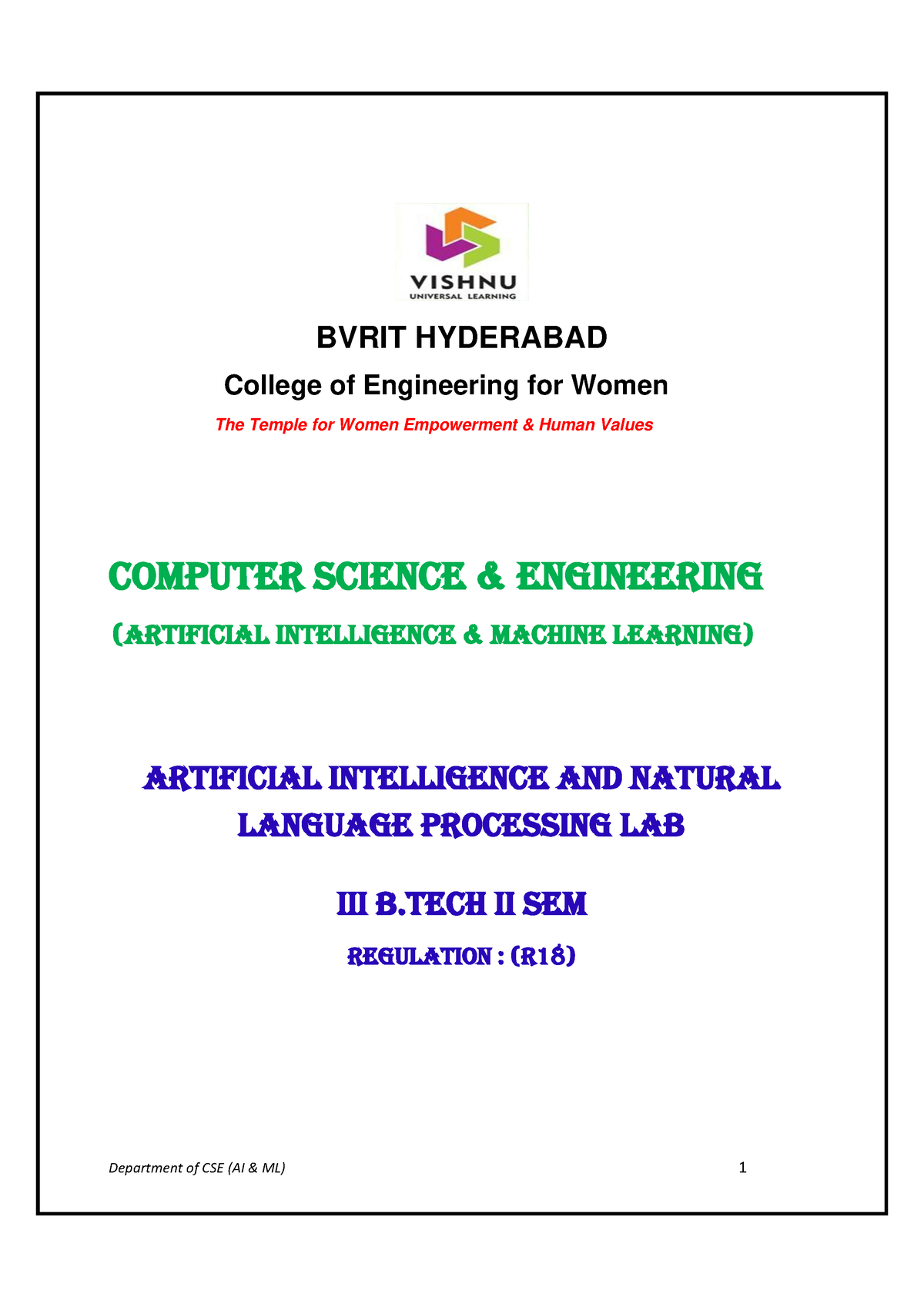 Ai Nlp Lab Manual Department Of Cse Ai Ml Bvrit Hyderabad College Of Engineering For