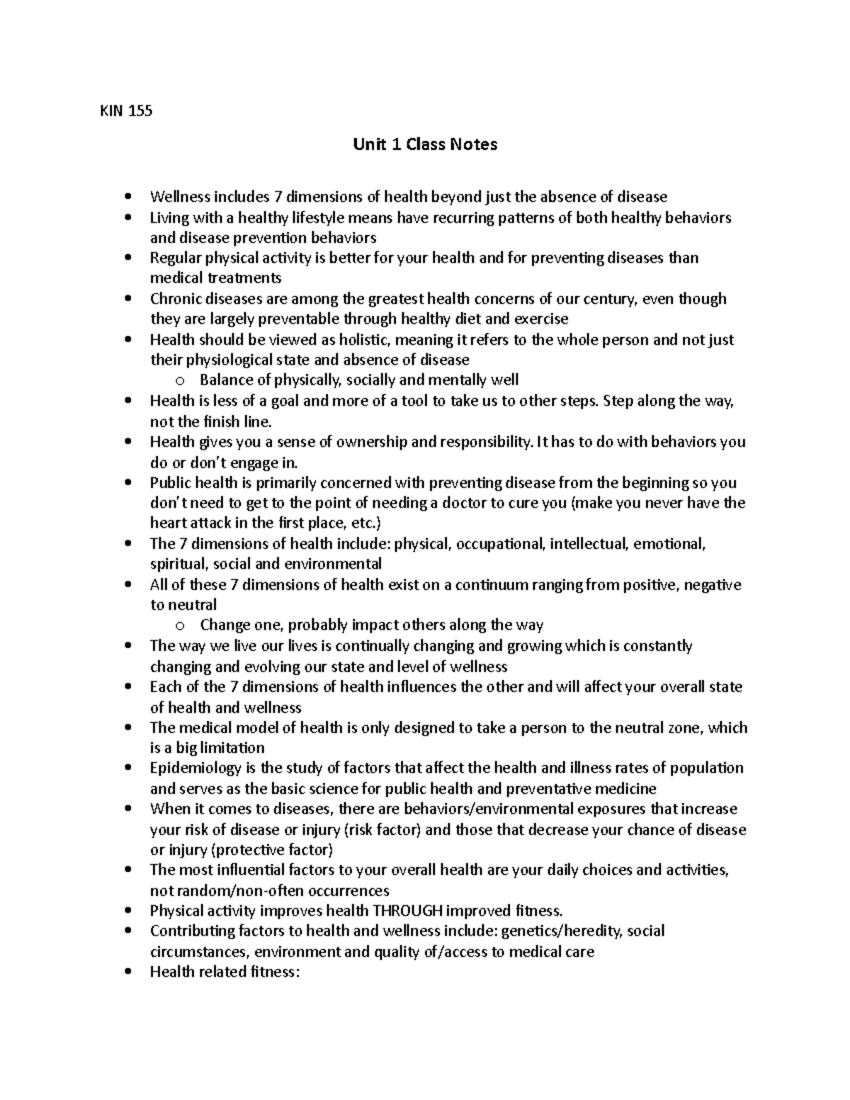 KIN 155 Unit 1 Class Notes - KIN 155 Unit 1 Class Notes Wellness ...